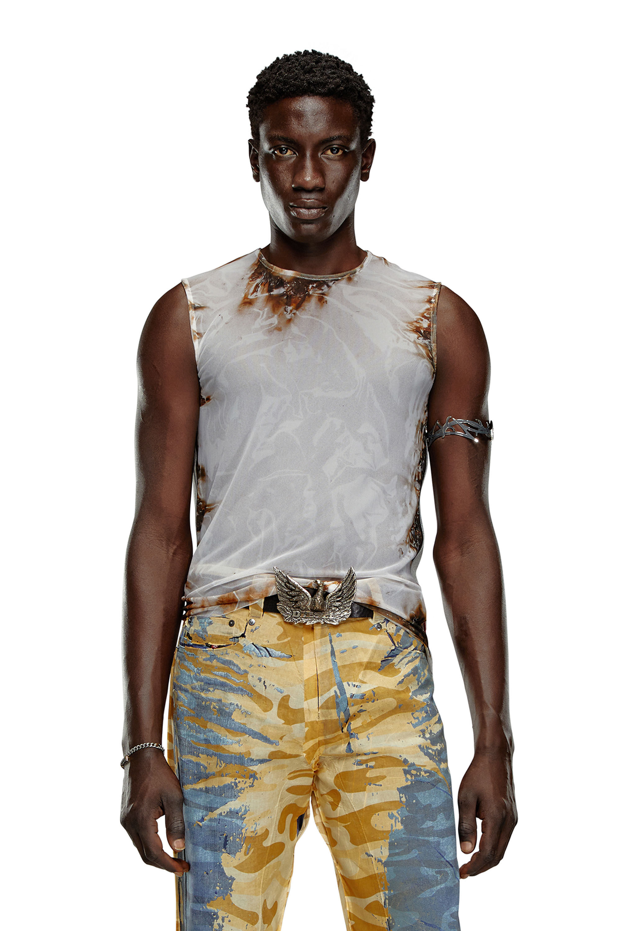 Diesel - T-BISCO-BURN-ART, Man's Tulle top with burning plastic print in Beige/Grey - 3