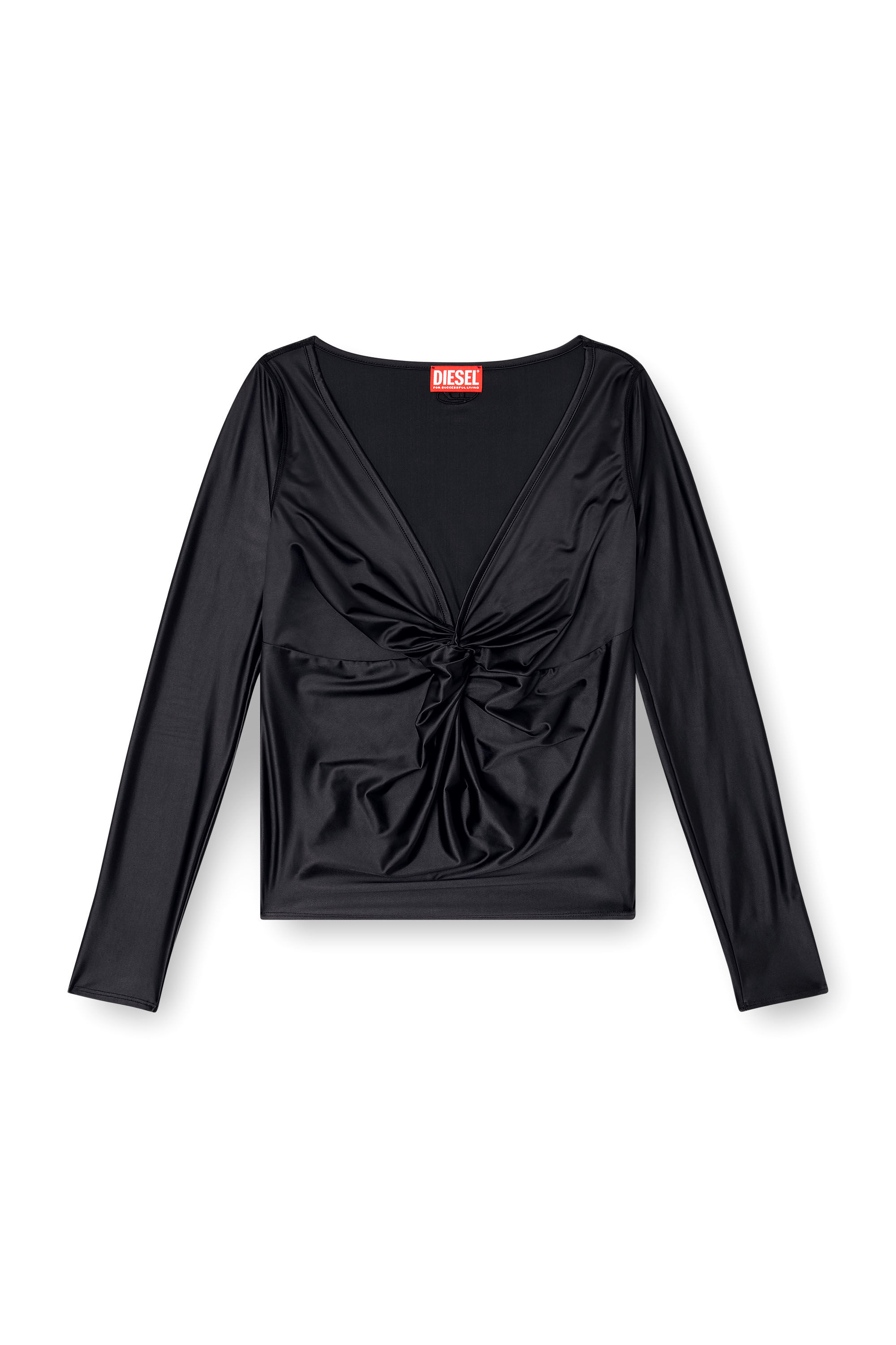 Women's Long sleeved gathered V-neck top with chintz finish