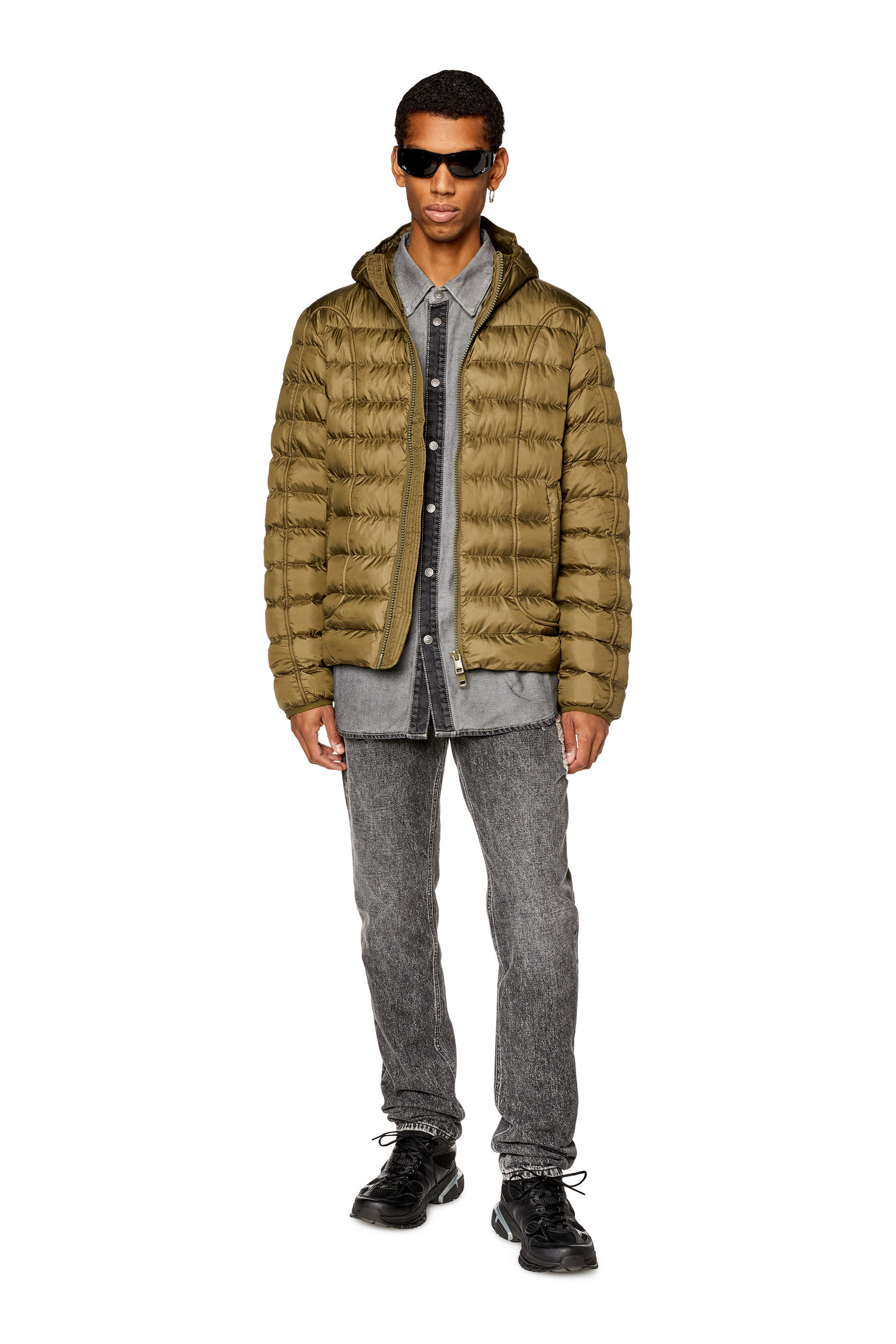 Men s Hooded nylon puffer jacket with piping W SCOTTYS Diesel