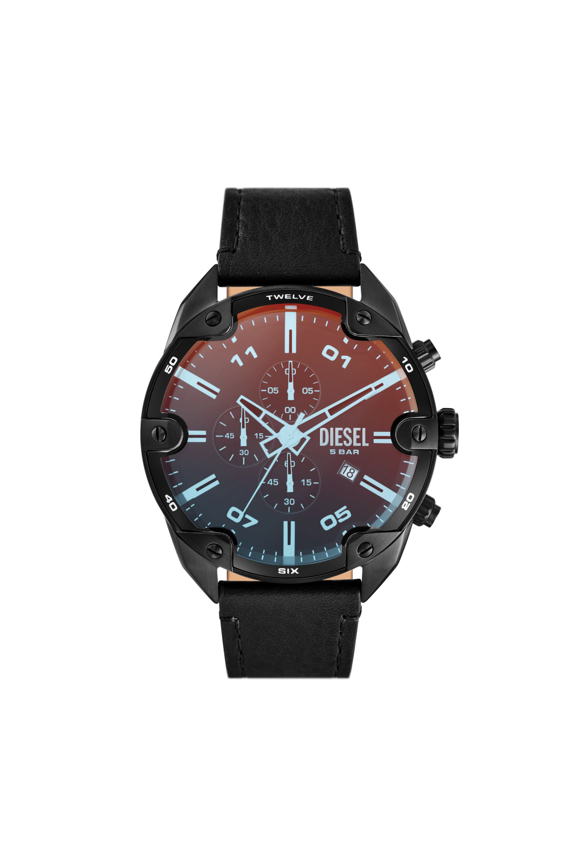 Men s Spiked chronograph black leather watch Black Diesel