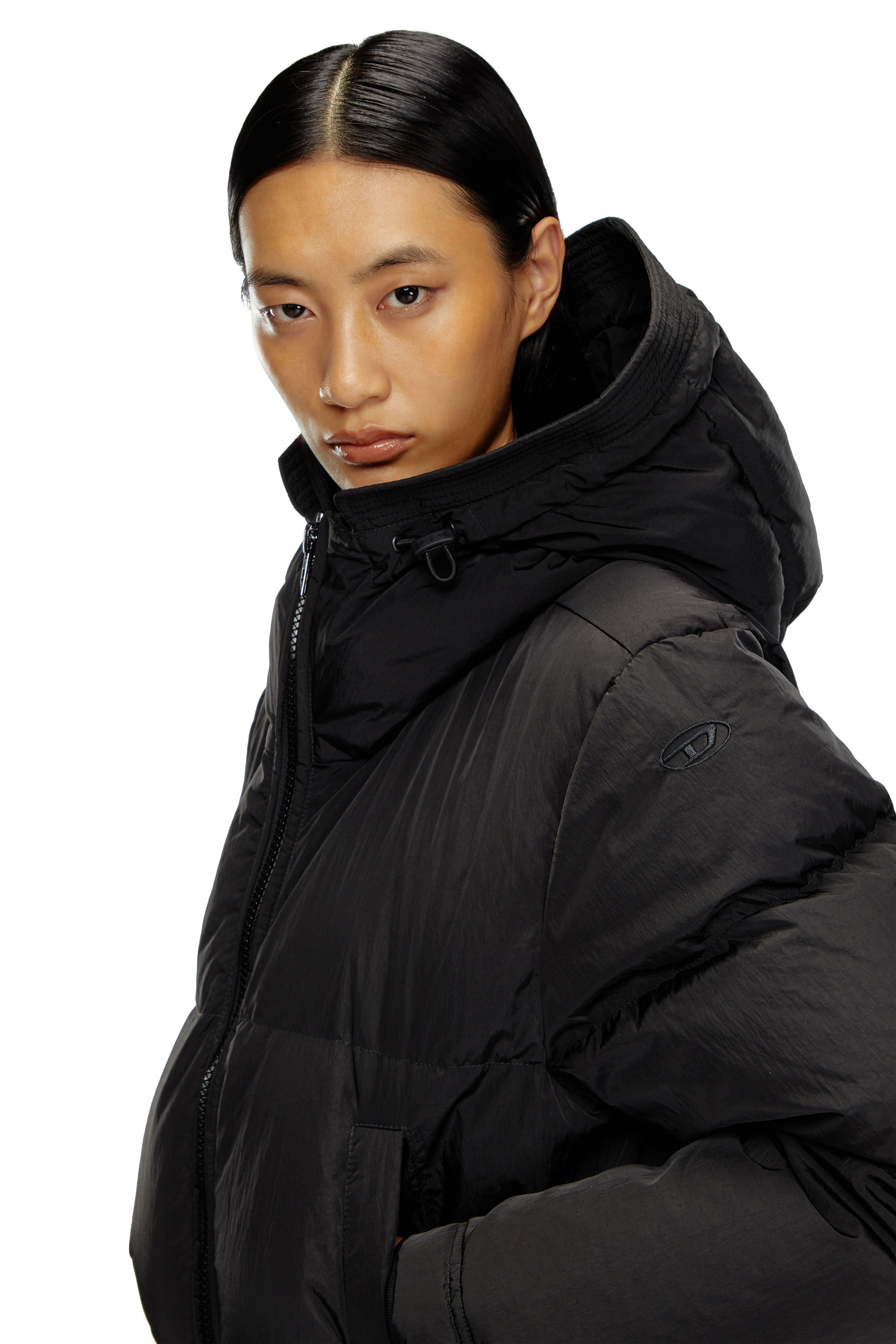 Women's Hooded down jacket in crinkled nylon | Black | Diesel Women's Hooded down jacket in crinkled nylon | Black | Diesel