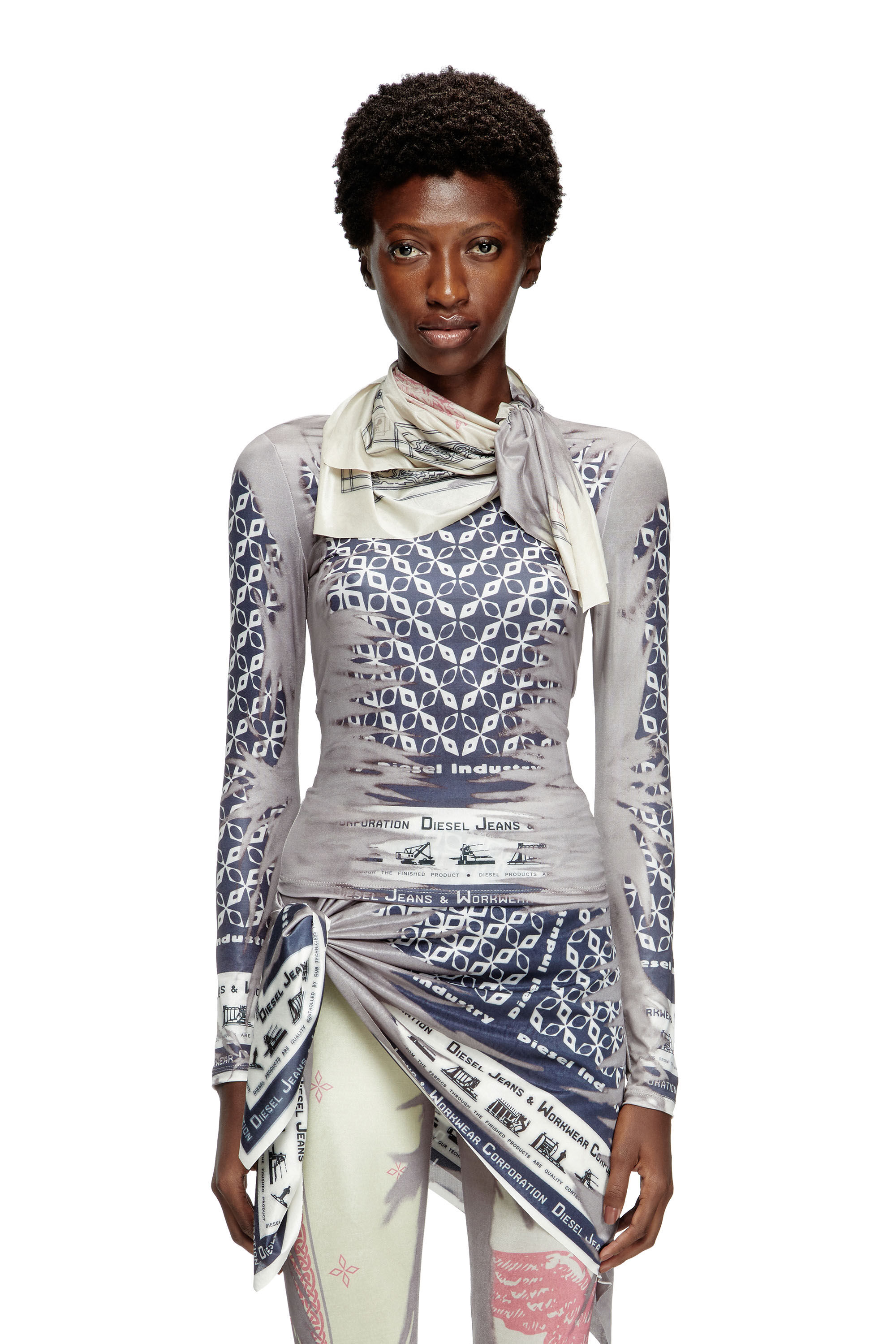 Diesel - T-ANDA, Woman's Top with bandana neck tie in Blue/White - 3