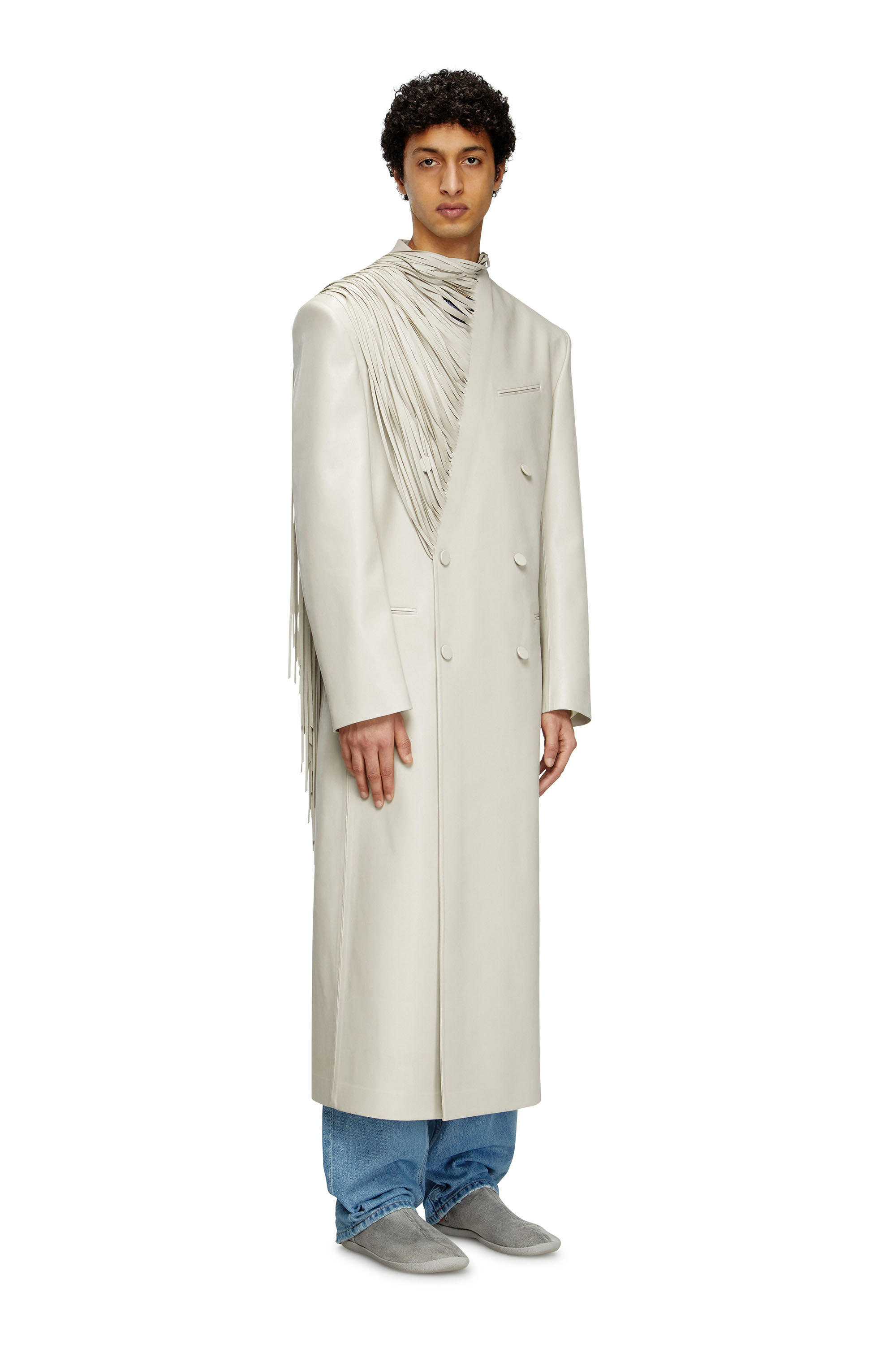Diesel - J-ELDAR-A, Man's Long coat with shredded scarf fringing in Light Grey - 1