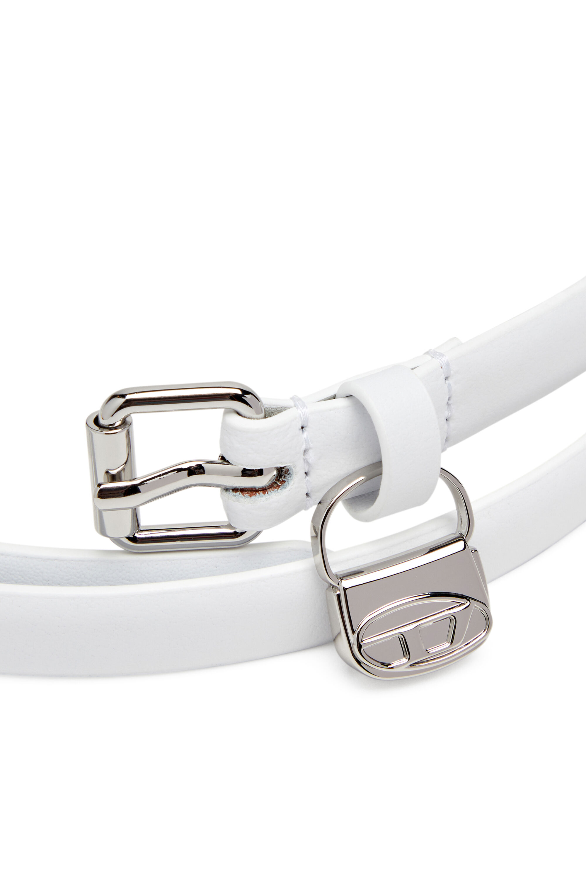 Women's 1.4cm slim leather belt with 1DR bag charm | White | Diesel