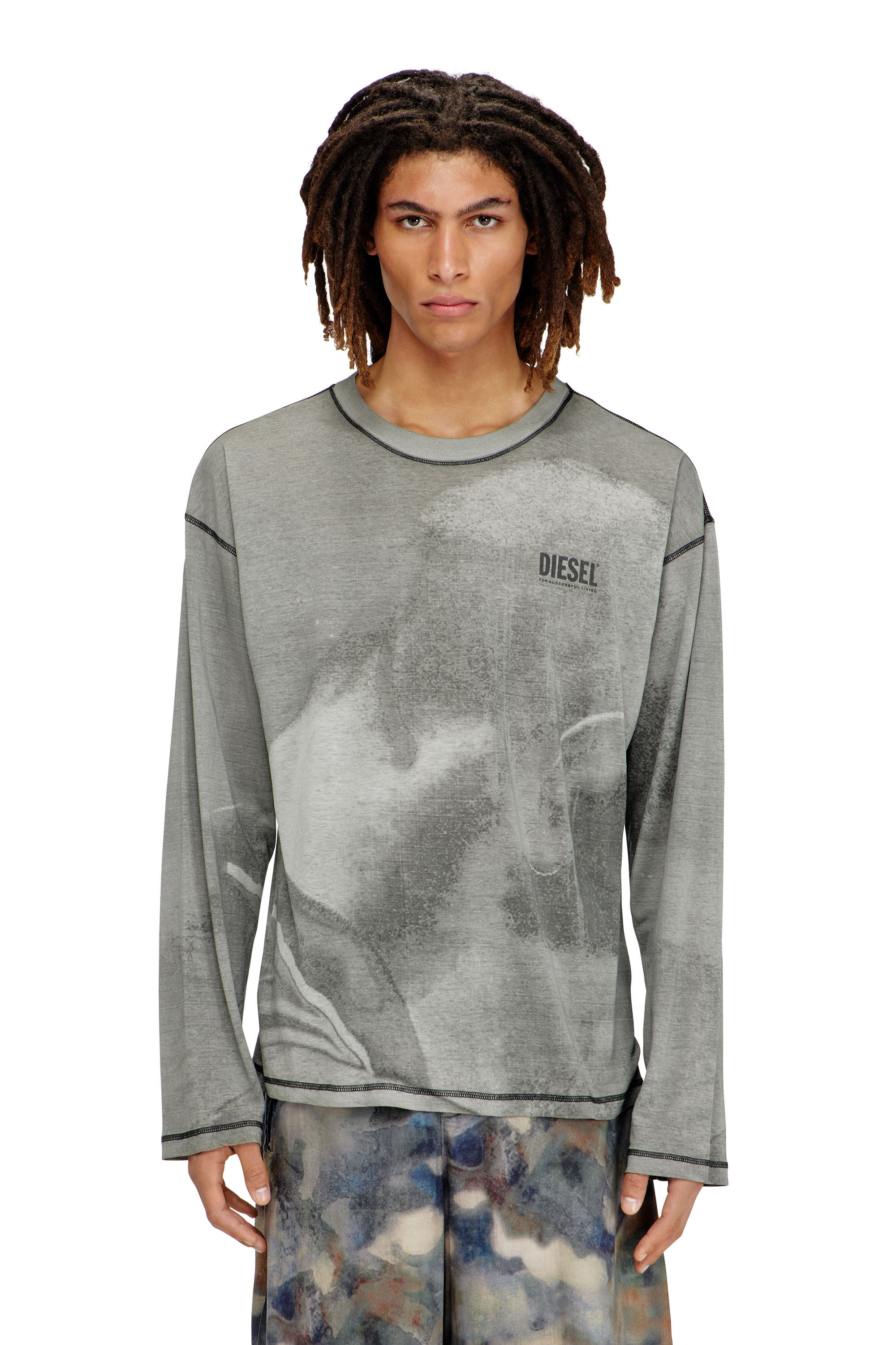 Men's Long-sleeve T-shirt with trompe l'oeil print | Grey | Diesel GB