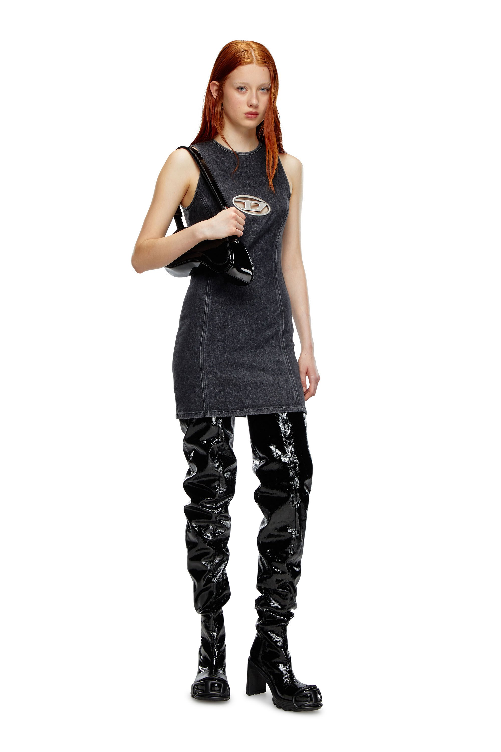 Women s Denim mini dress with Oval D plaque Black Diesel