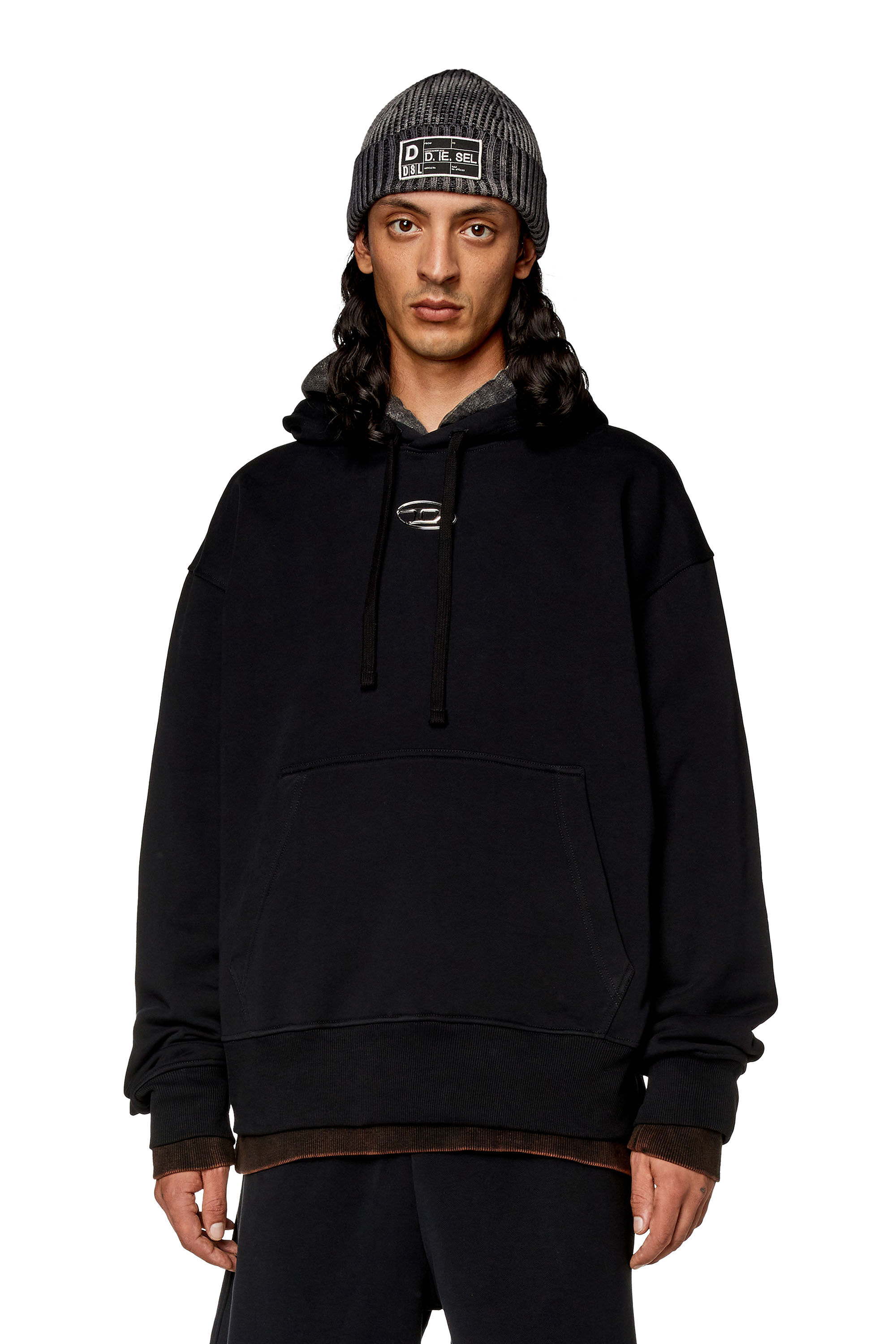S MACS HOOD OD Men Oversized black hoodie metallic logo Diesel