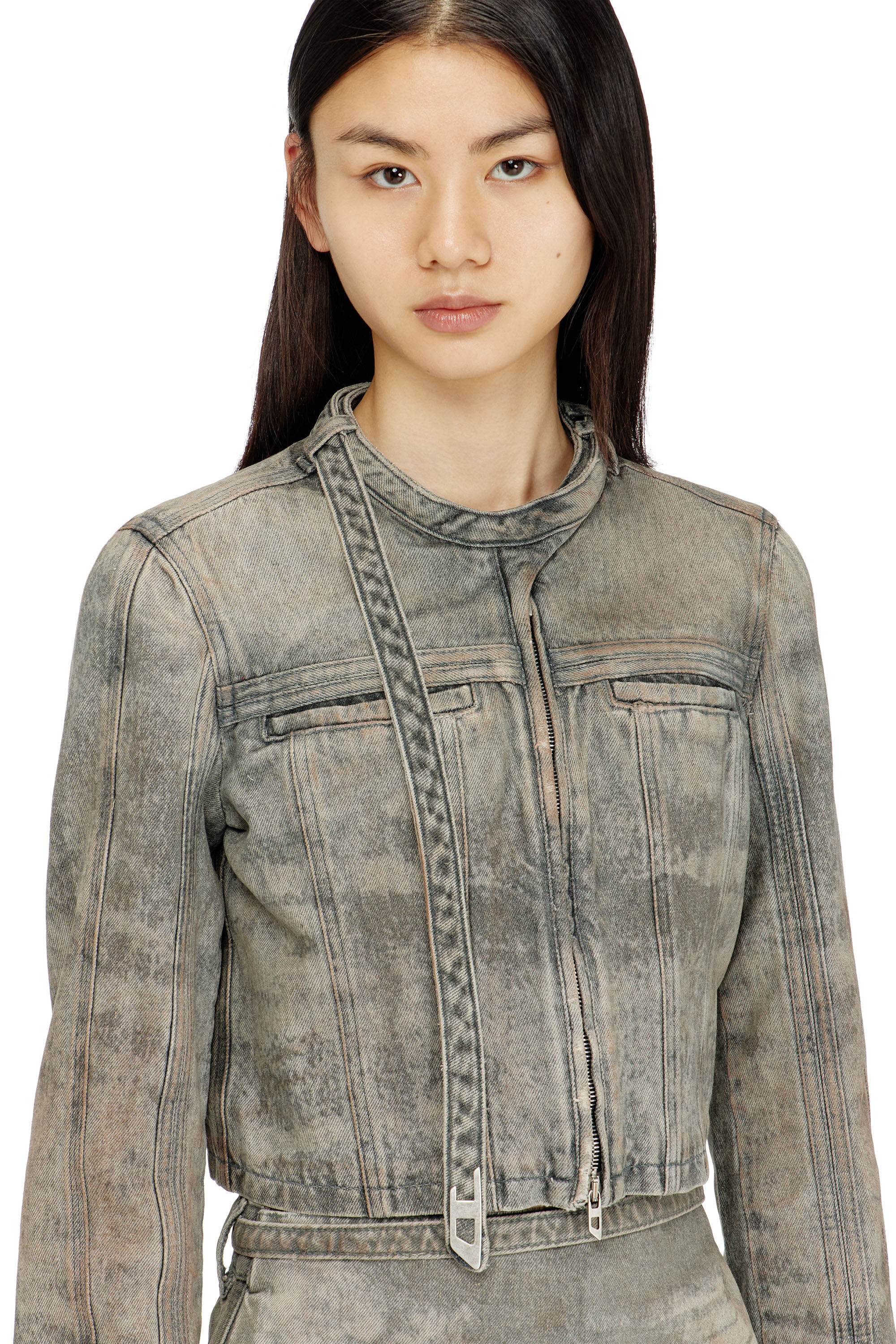 Women's Cropped jacket in cotton-hemp satin denim | Grey | Diesel
