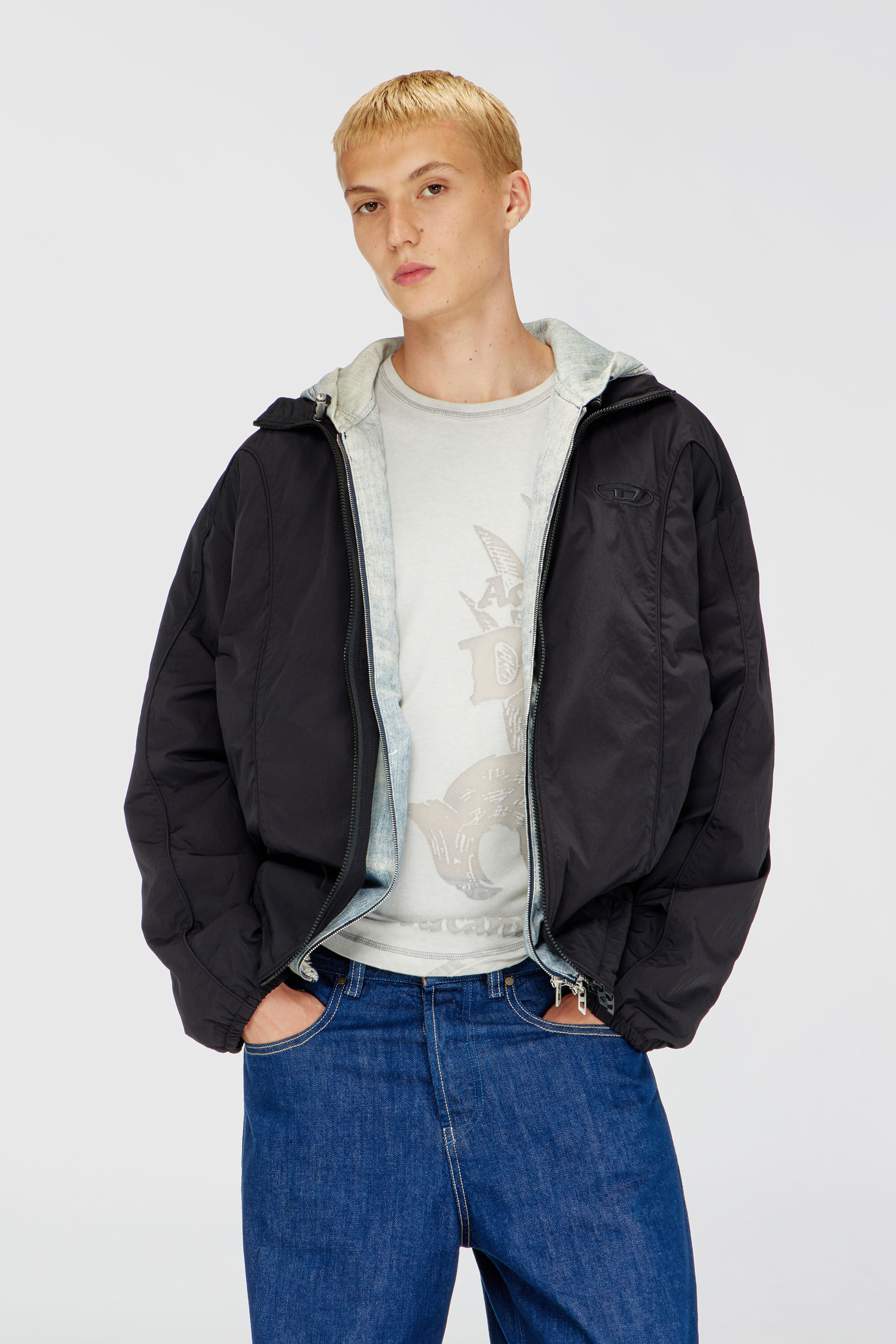 Men's Crinkled-nylon jacket with piping | Black | Diesel GB