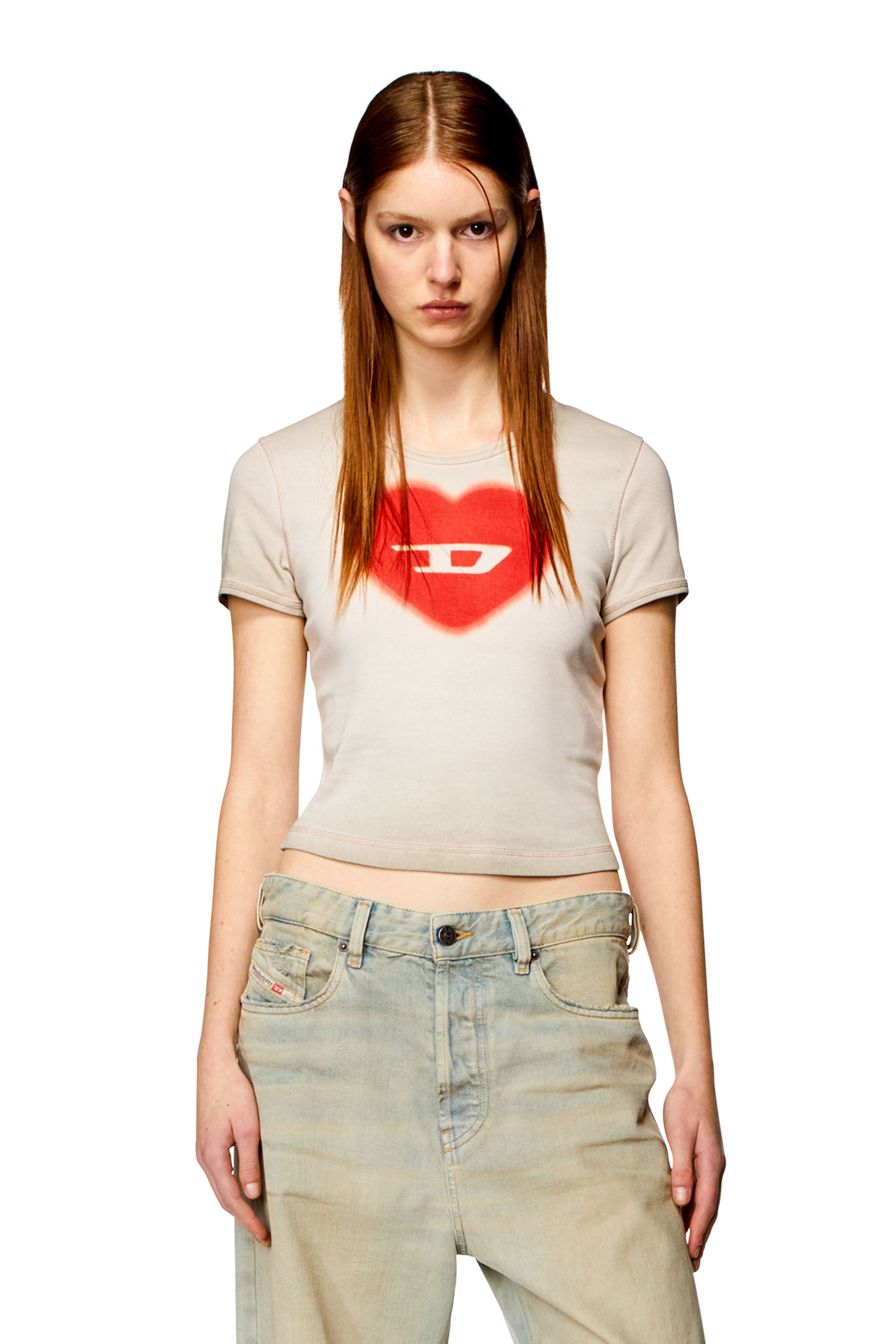 Women s Ribbed T shirt with watercolour heart D Beige Diesel