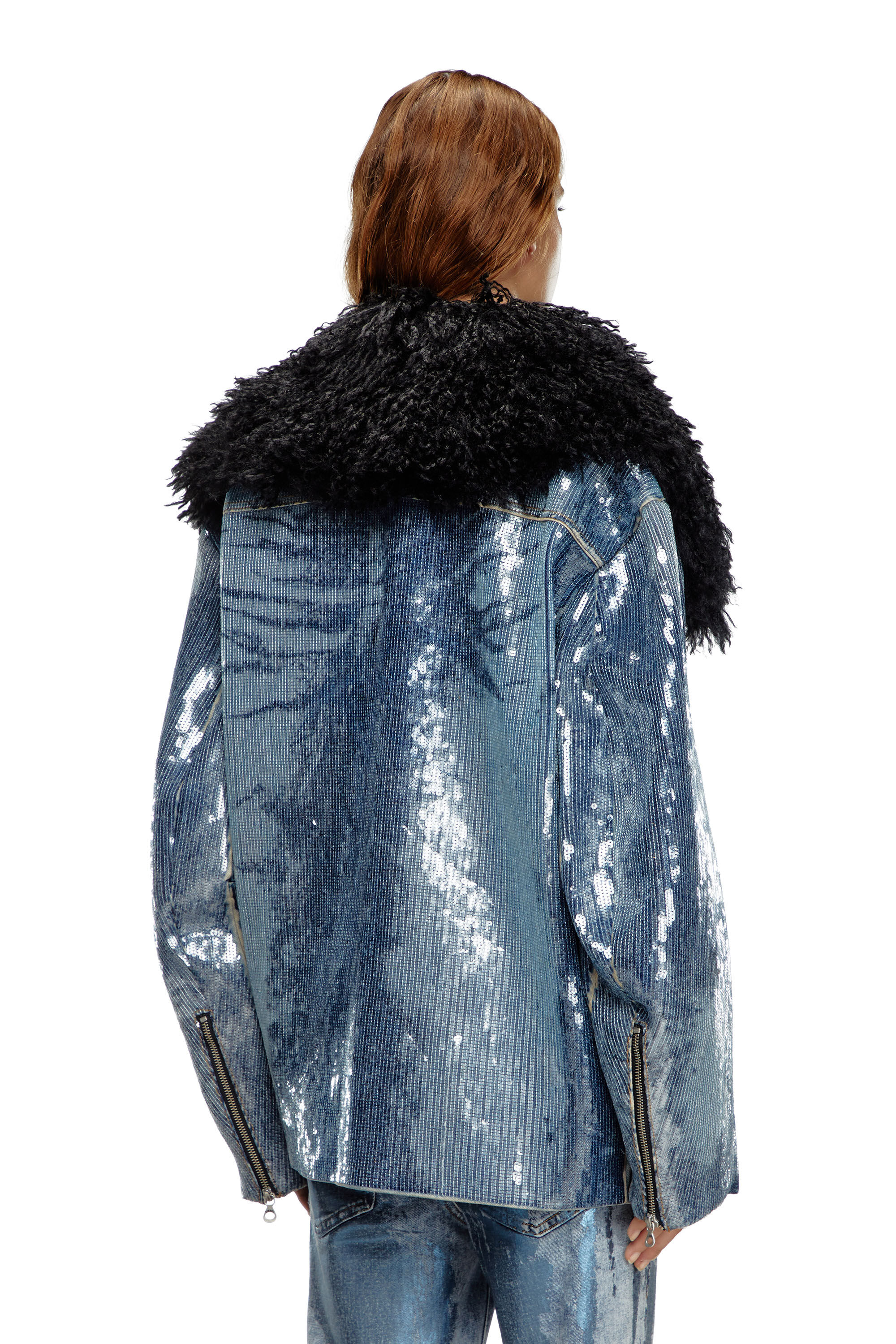 Women s Sequin denim jacket with shaggy collar Blue Diesel