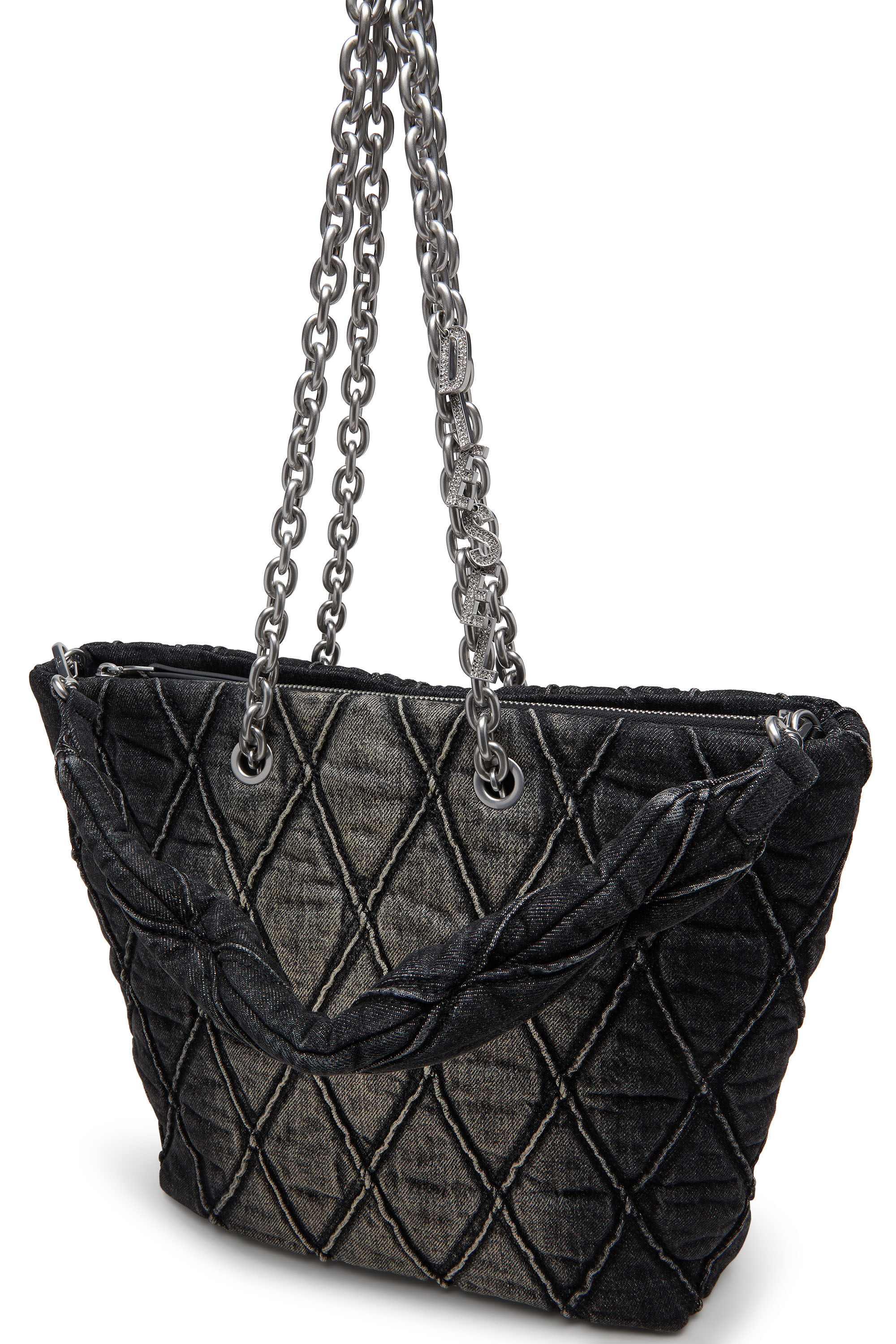 Women's Charm-D-Tote bag in treated quilted denim | Black | Diesel
