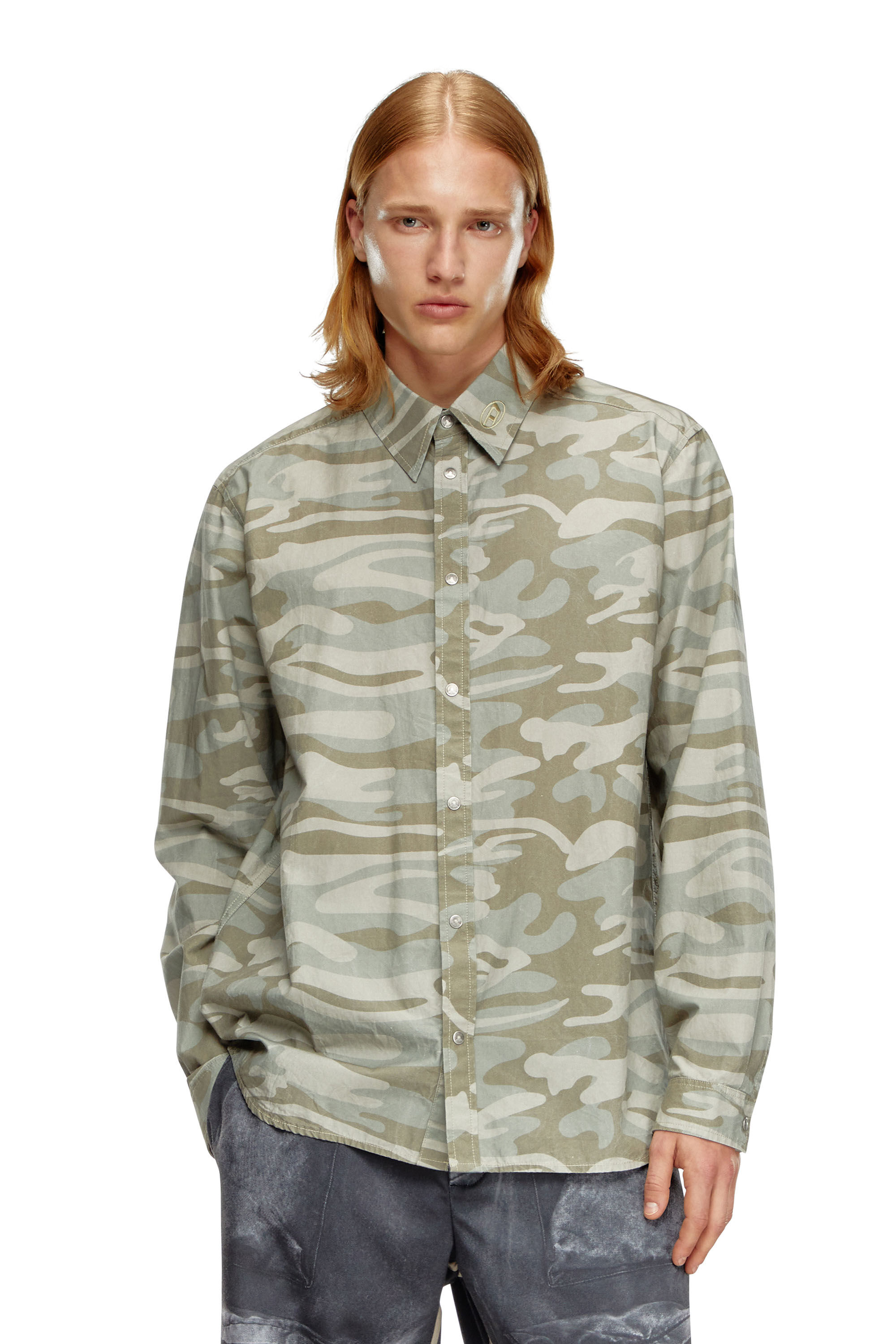 Men s Poplin shirt with camo print Green Diesel