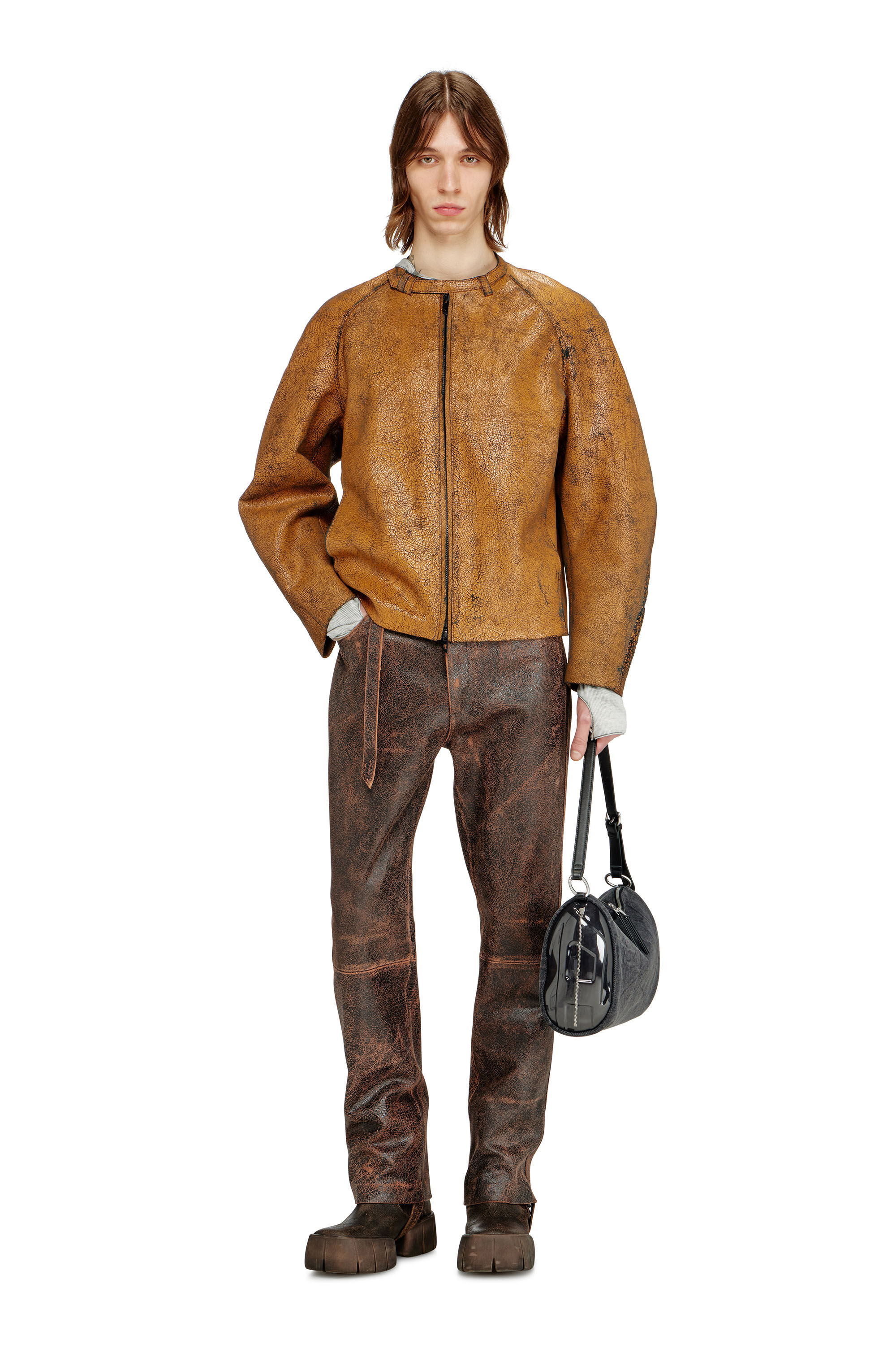 Men's Cocoon-sleeve biker jacket in cracked leather | Brown