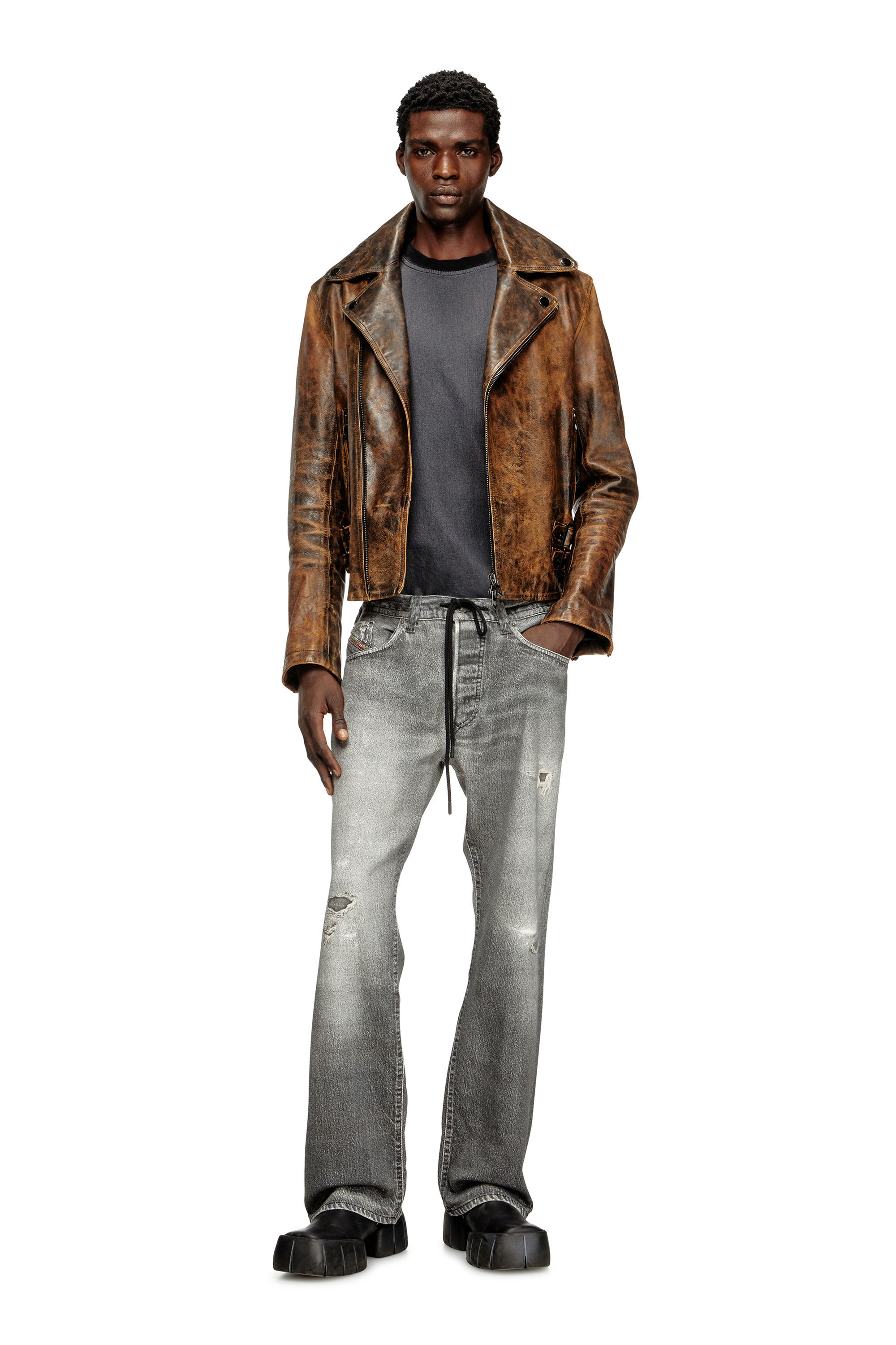 Men's Biker jacket in treated leather | Brown | Diesel