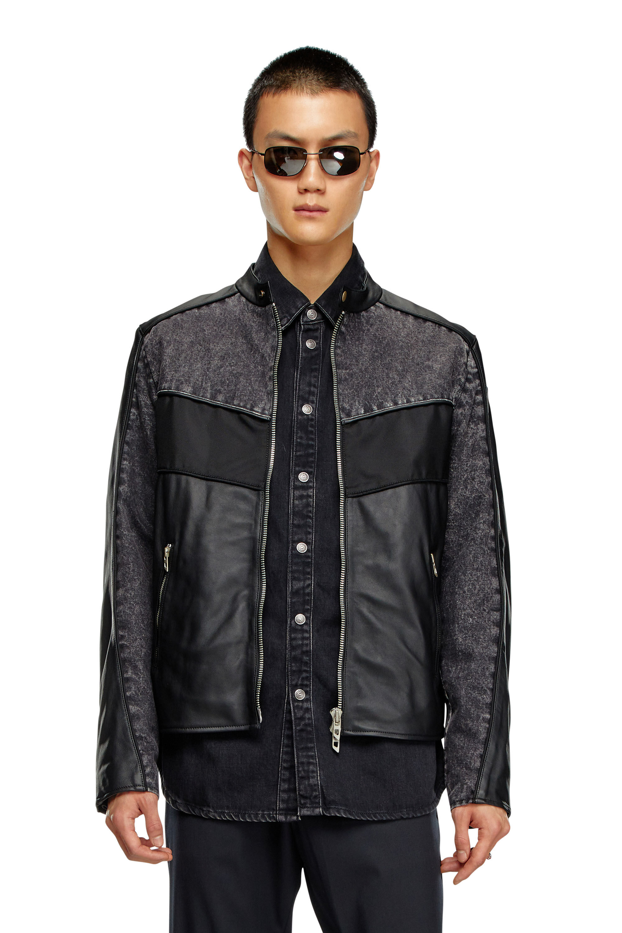 Men's Denim and shell-panelled leather jacket | Black | Diesel