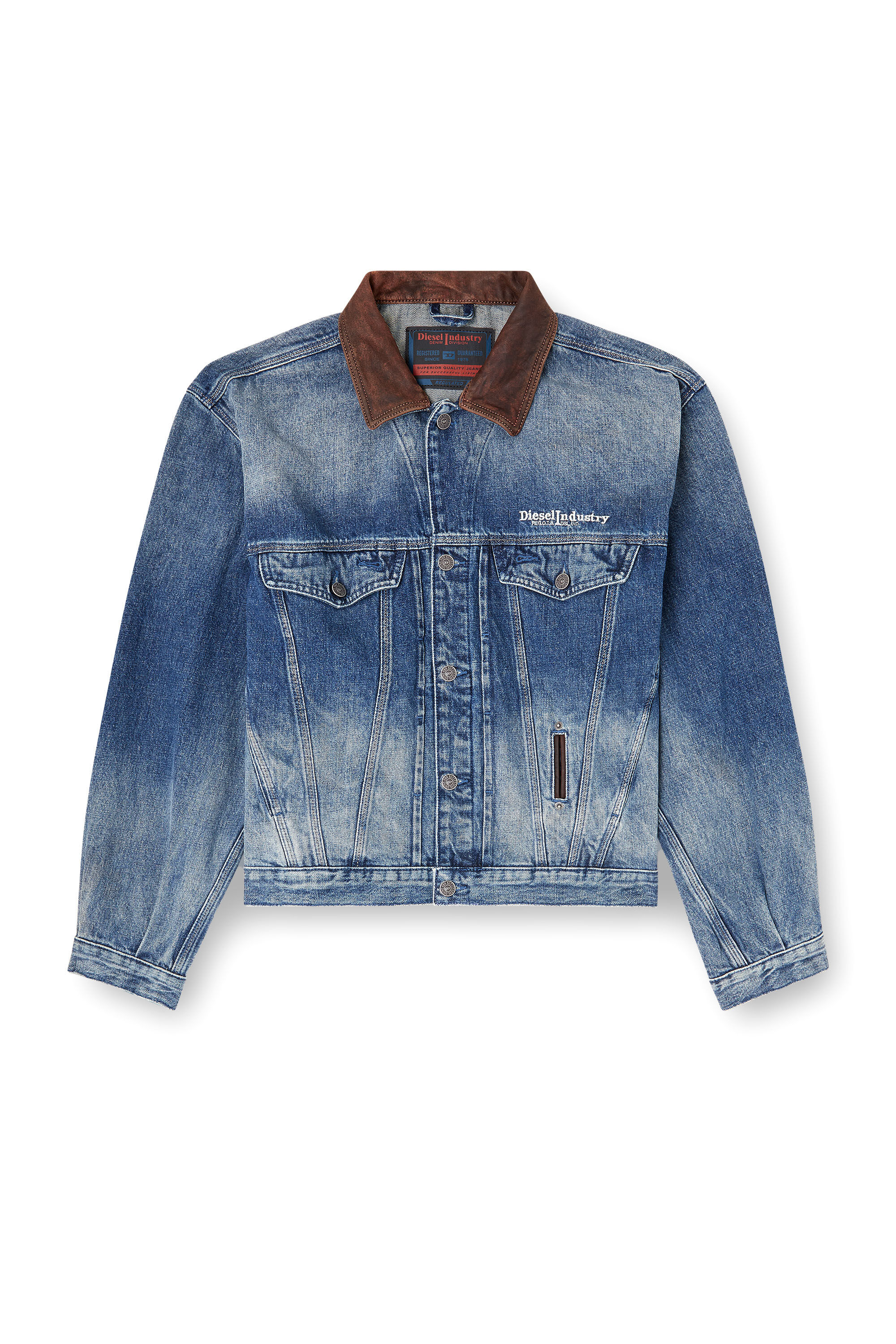 i*i様 chimala DENIM TRUCK JACKET-LUXE SPE Women's Denim trucker jacket with contrast leather trims | Blue