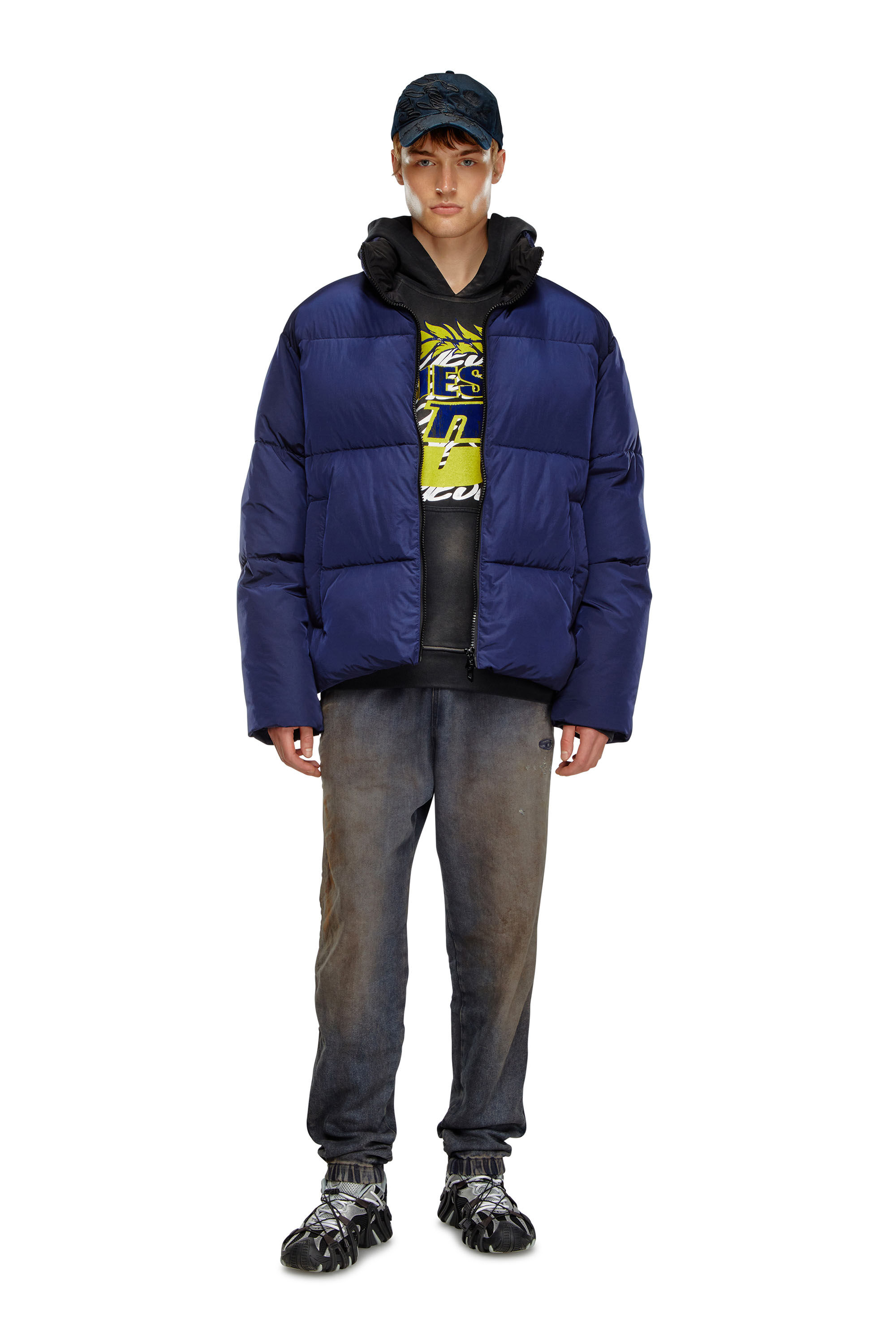 Diesel - W-RAVEEL, Man's Hooded down jacket in wrinkled nylon in Dark Blue - 1