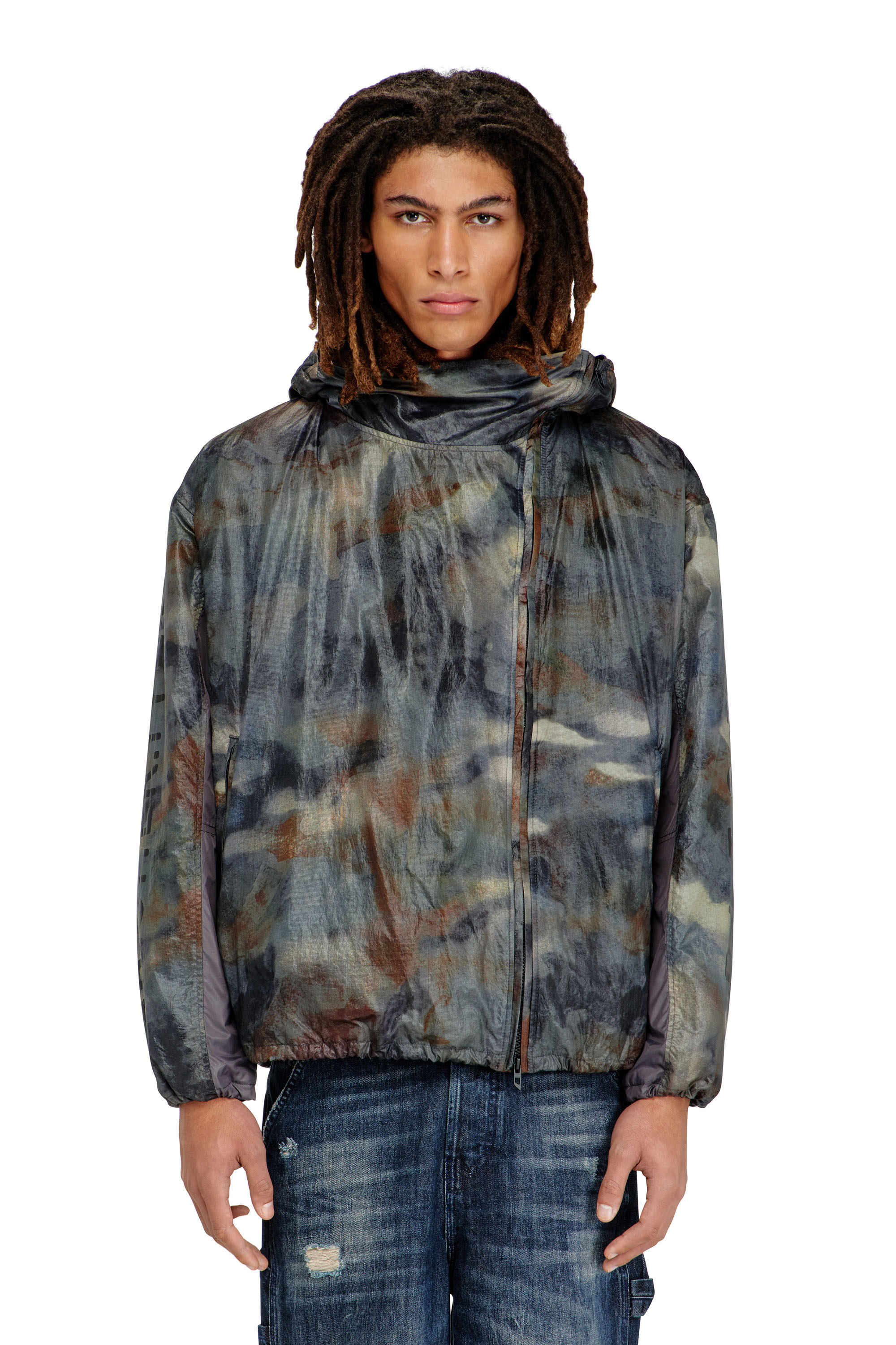 Diesel - J-SQUAD-BMCX, Man's Windbreaker with abstract print in Blue/Brown - 3