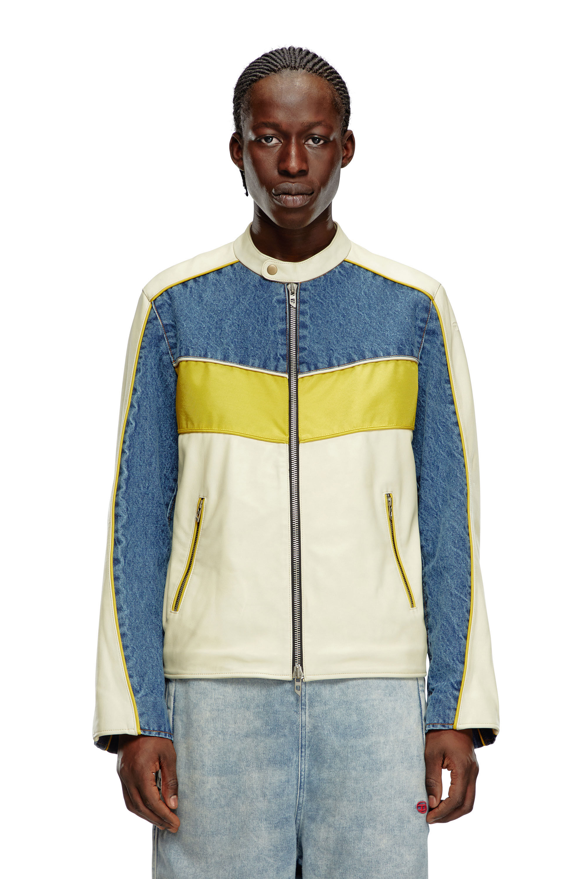 Men s Denim and shell panelled leather jacket Multicolor Diesel