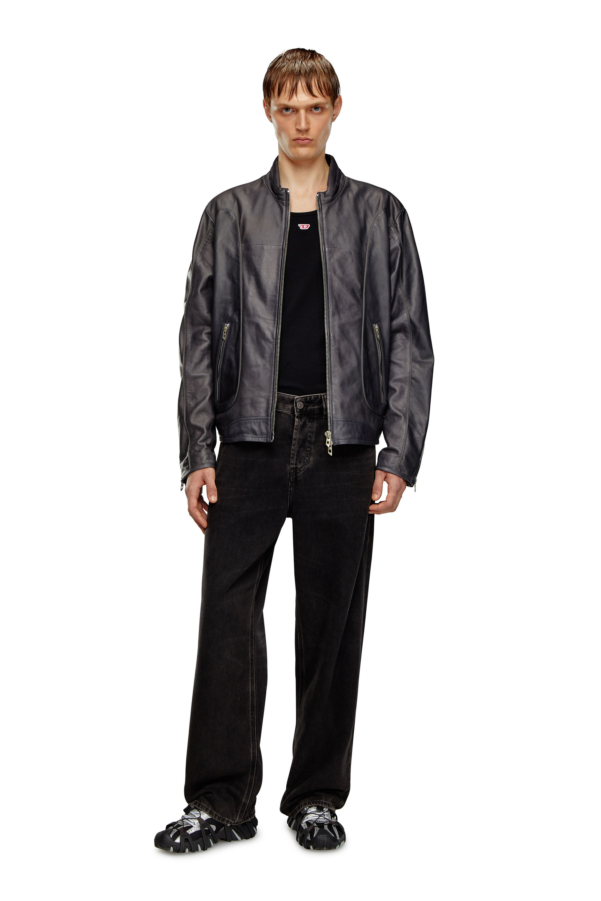 Men's Leather biker jacket with piping | Black | Diesel