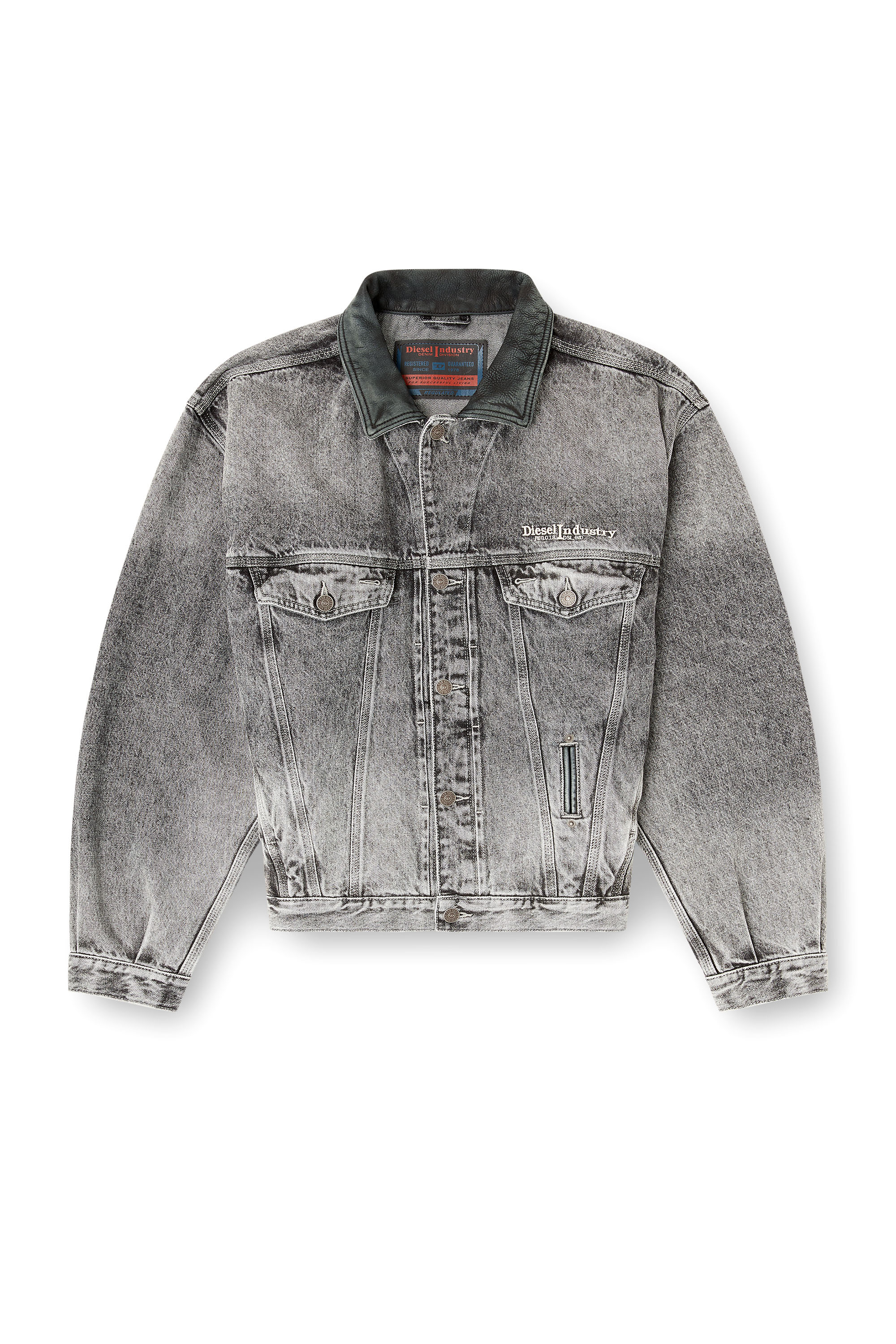 Diesel - D-DENVER-S, Unisex's Denim trucker jacket with tonal leather trims in Grey - 3