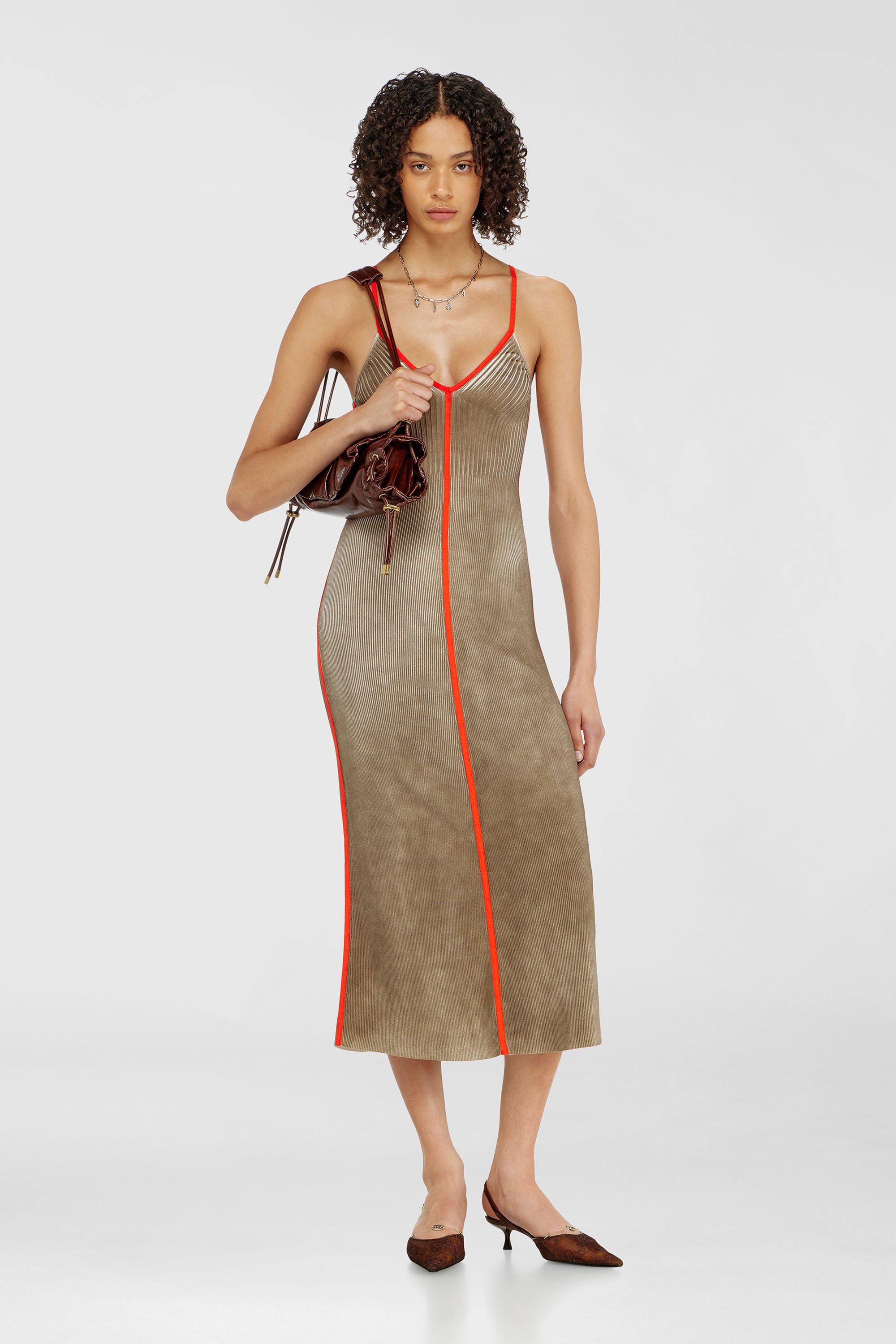 Diesel - M-SARMELA, Woman's Rib-knit midi cami dress with contrast bands in Red/Brown - 1