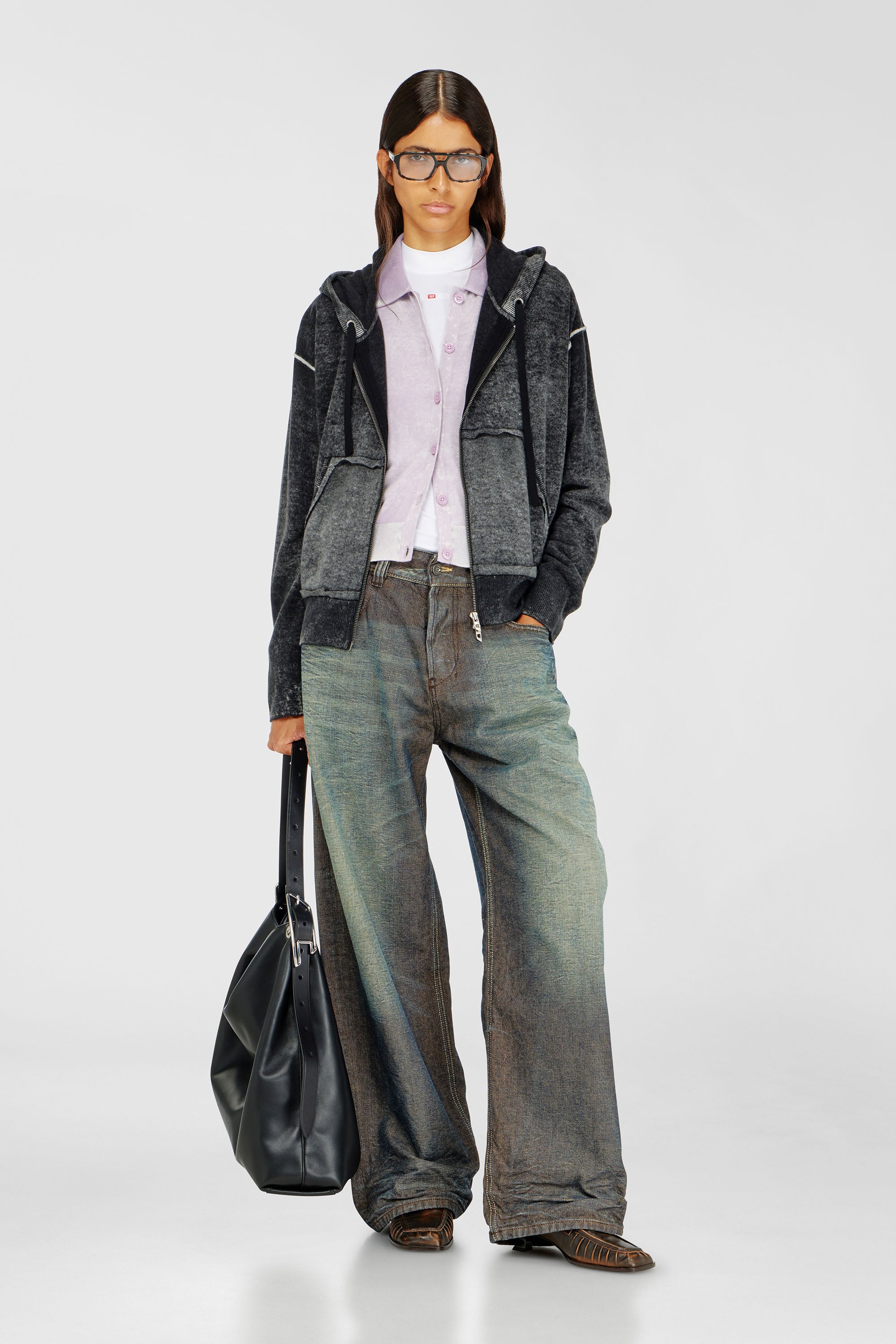 Diesel - M-HERMINE, Woman's Reverse-print hooded cardigan in wool in Black/Grey - 1