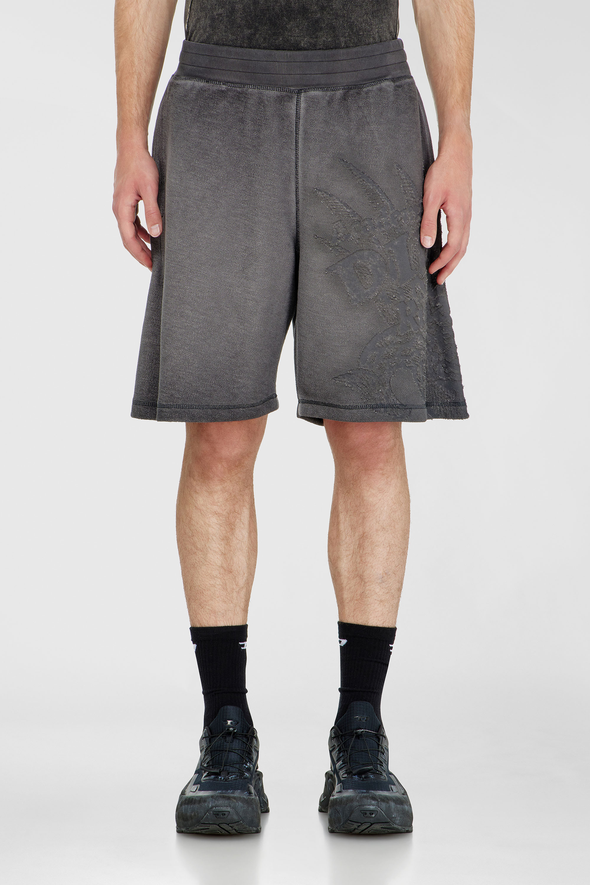 Diesel - P-RAWCROW, Man's Sweatshorts with d&eacute;vor&eacute; motifs in Dark grey - 1