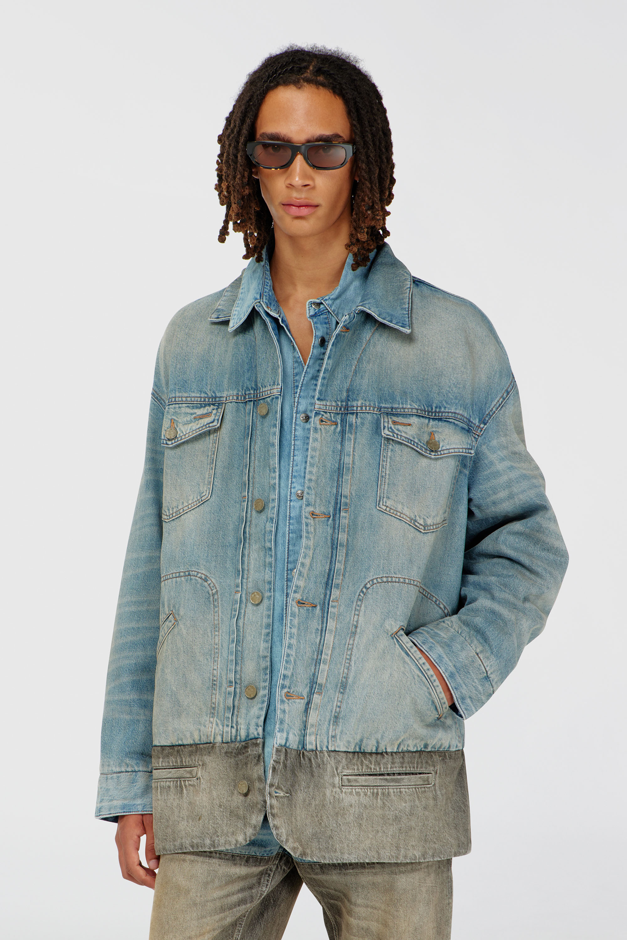 Diesel - D-ARI-S, Man's Denim jacket with contrast hem in Blue/Grey - 1