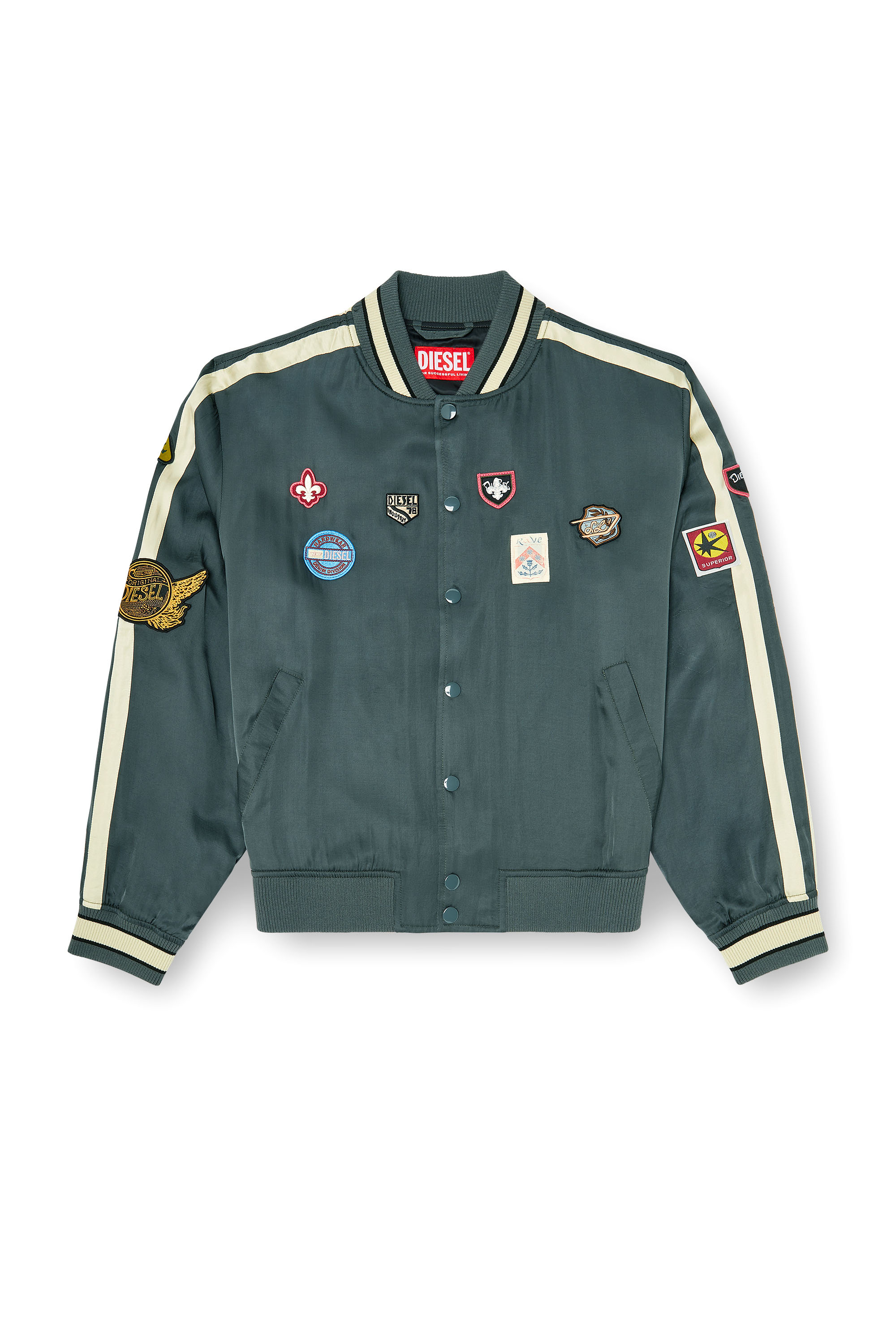 Diesel - J-ANNU, Man's Satin bomber jacket with patches in Dark Green - 3