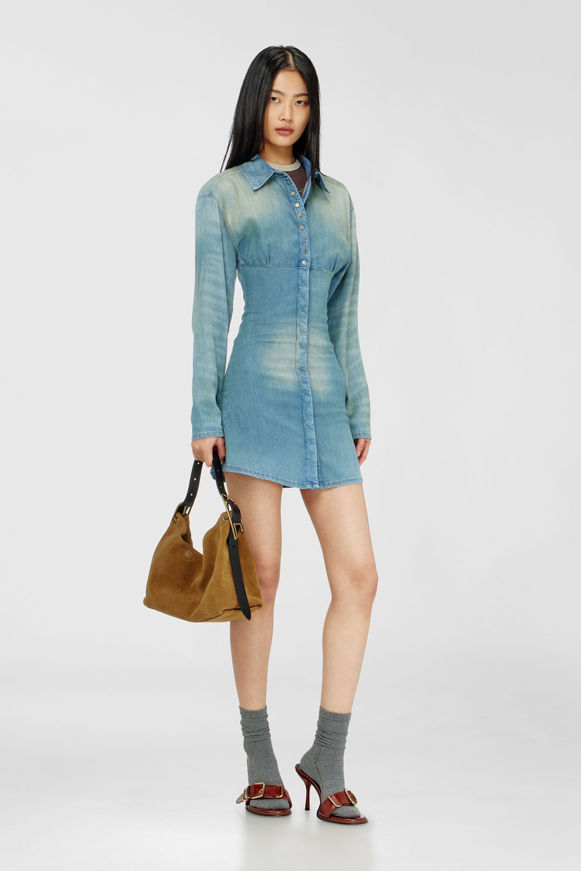 Diesel - DE-VIOLIM-S, Woman's Denim mini shirt dress with sectioned design in Light Blue - 2