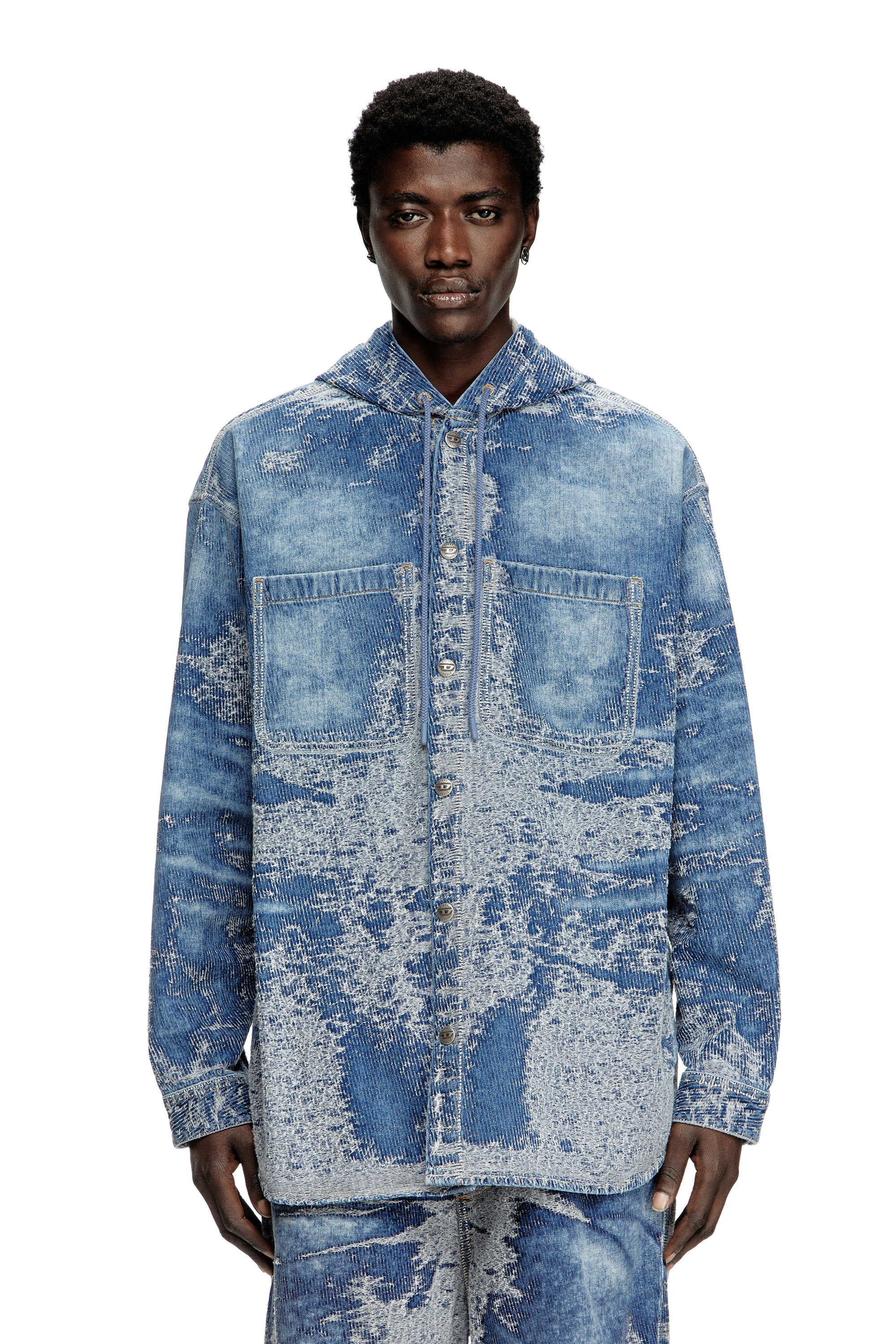 Diesel - D-DEWNYS-HOOD-S, Man's Overshirt in distressed jacquard denim in Medium blue - 6