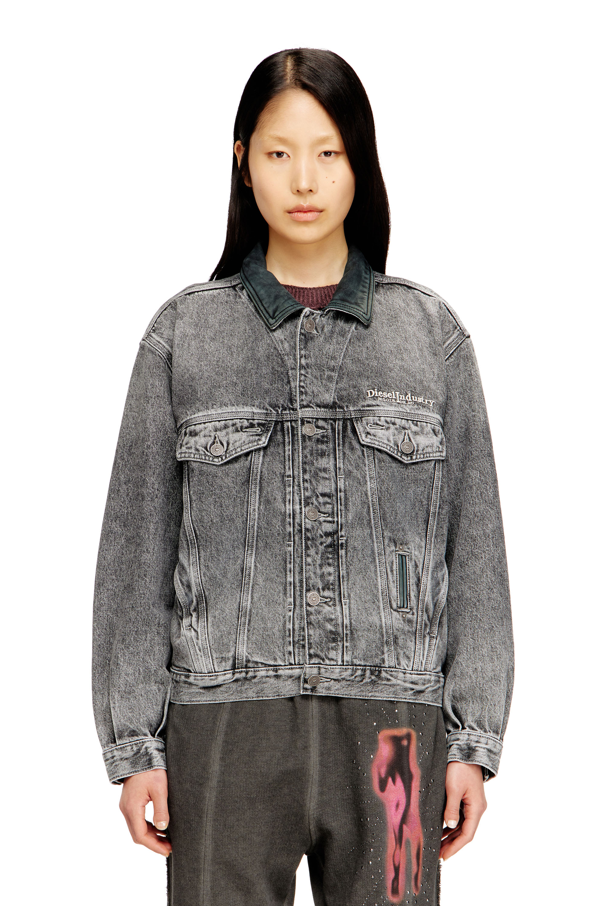 Diesel - D-DENVER-S, Unisex's Denim trucker jacket with tonal leather trims in Grey - 2