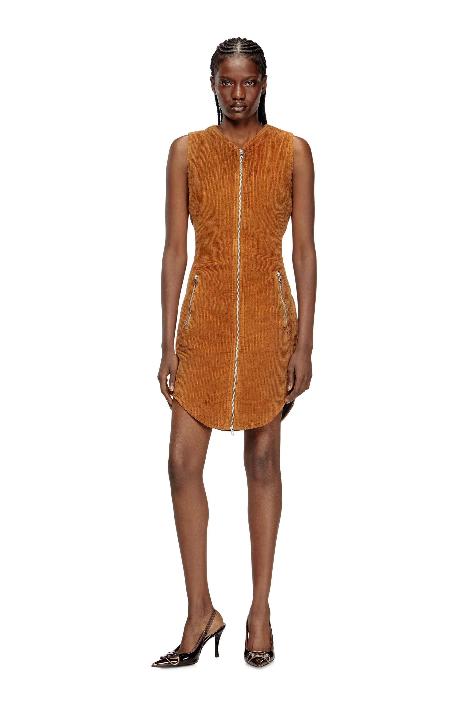 Diesel - D-ENEA, Woman's Cotton mini dress with front zipper in Brown - 1