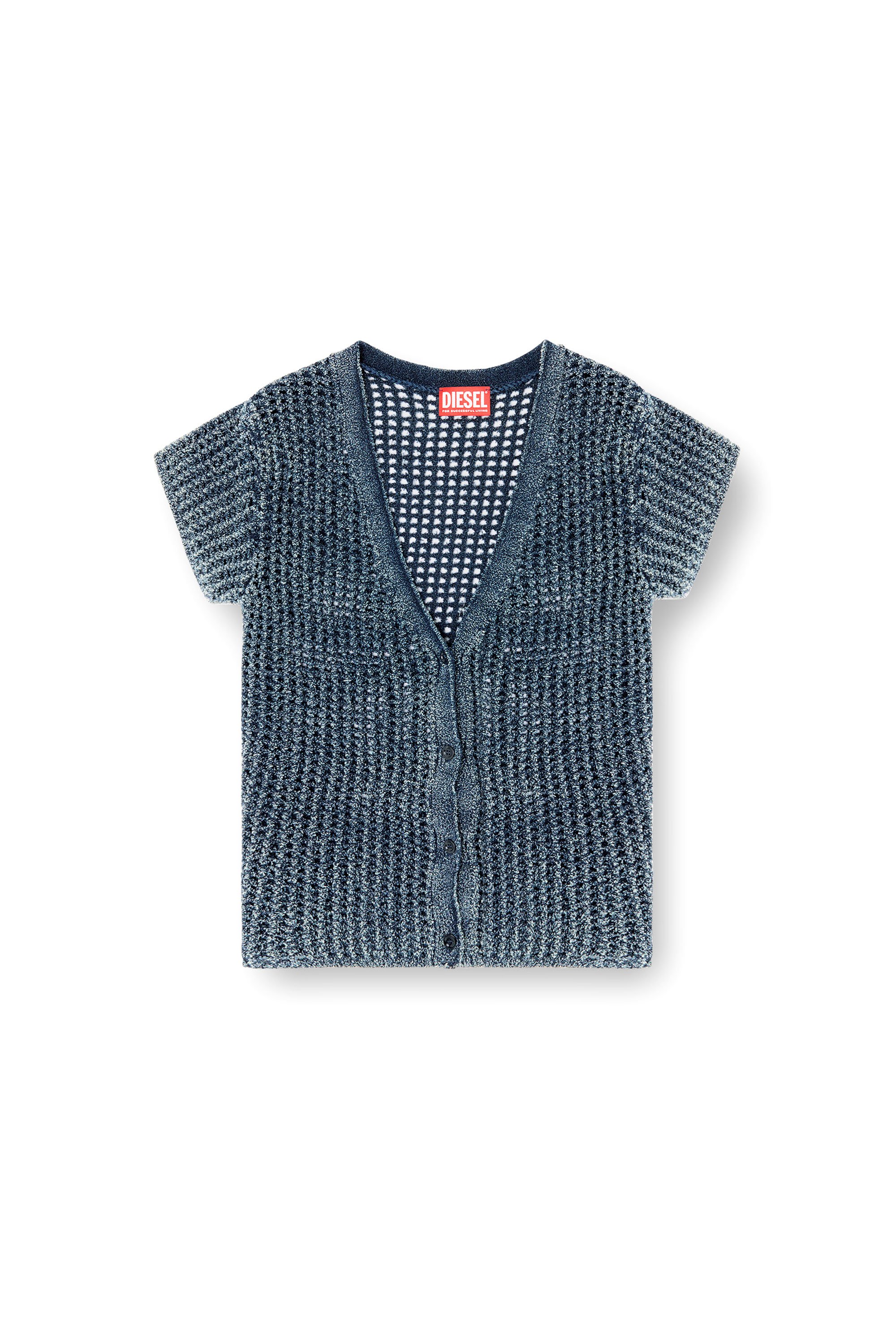Diesel - M-REZ, Woman's Short-sleeve cardigan in denim mesh knit in Medium blue - 3