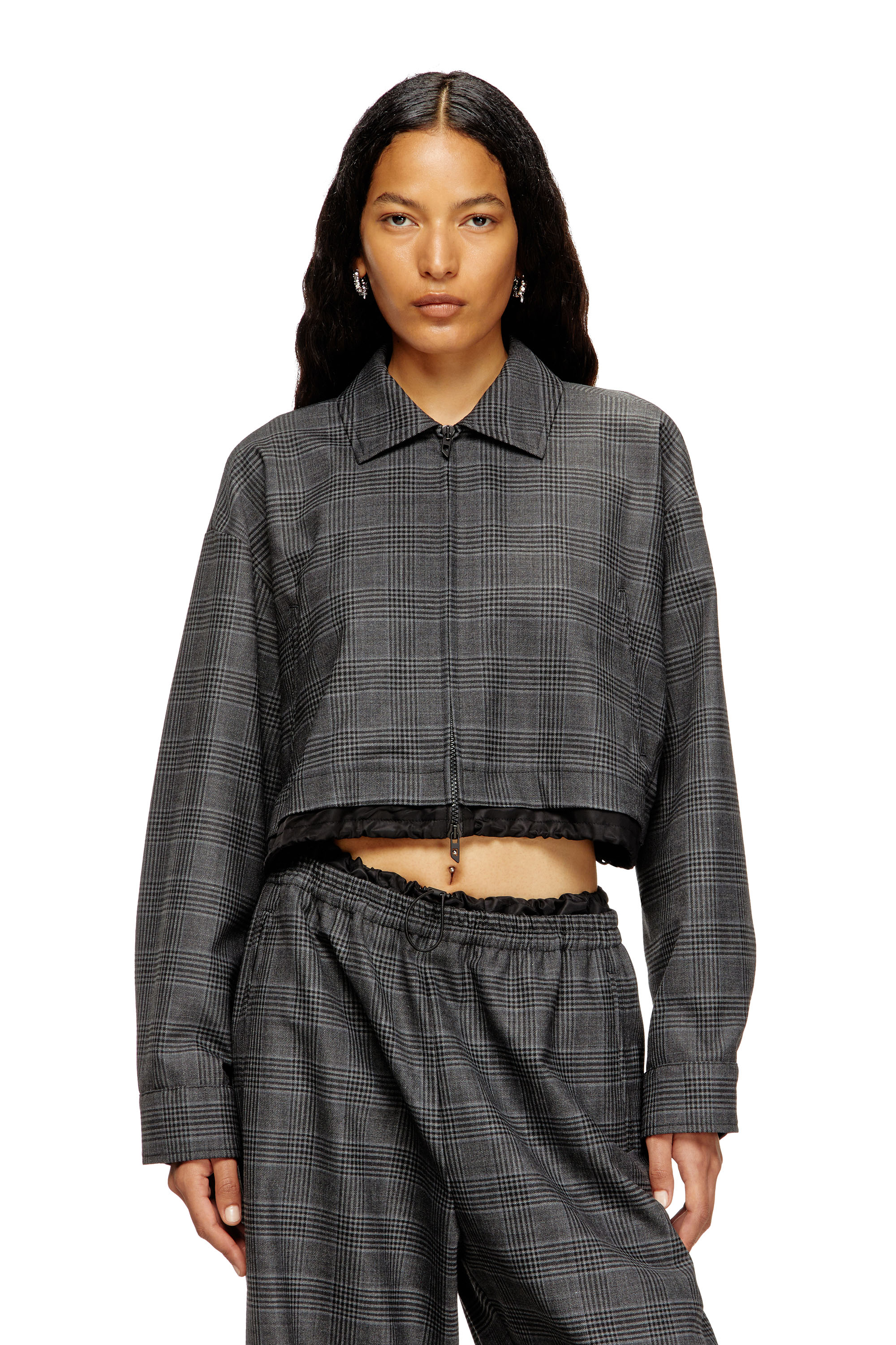 Diesel - J-TING-FEM, Woman's Cropped Prince of Wales wool-blend coach jacket in null - 1
