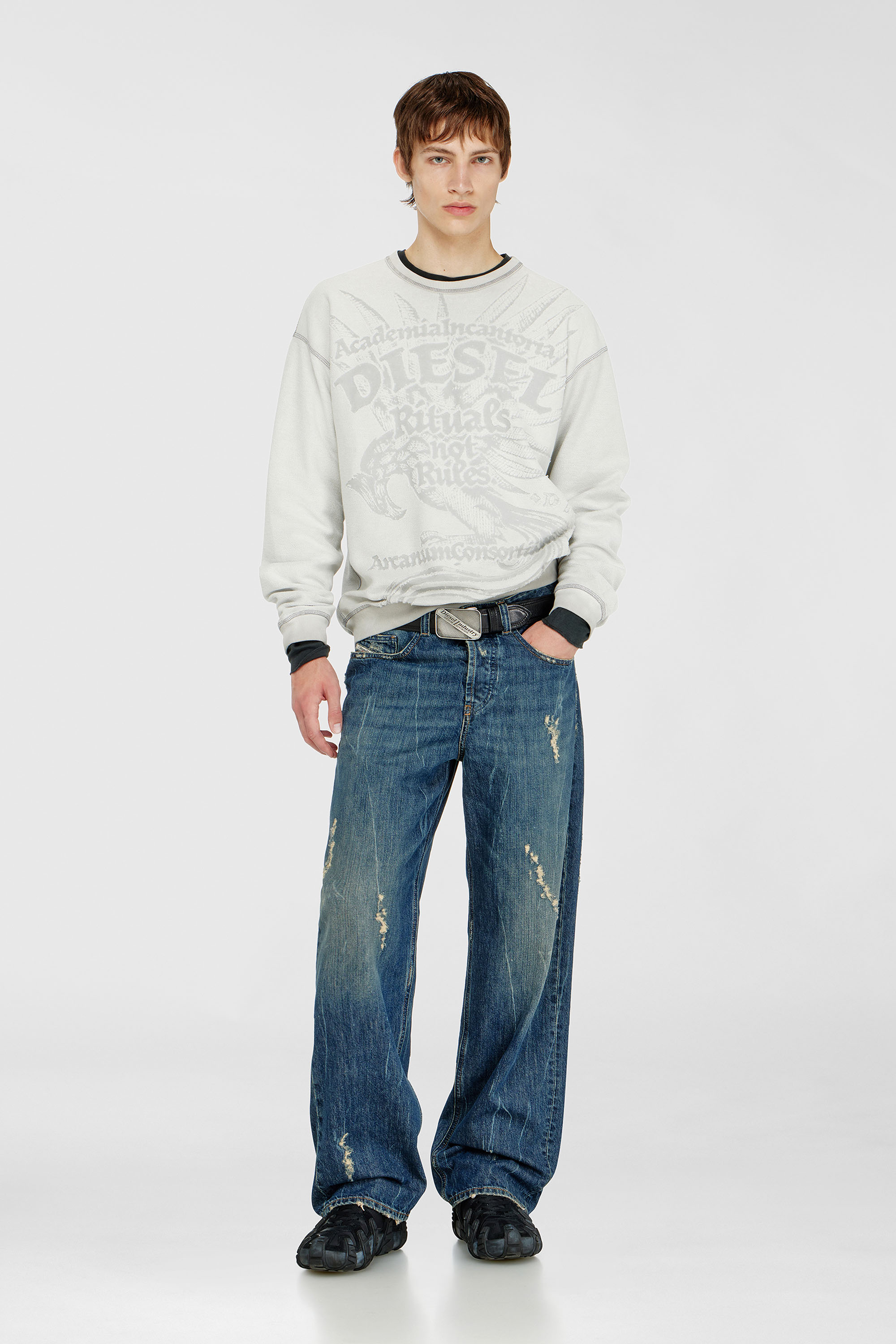 Diesel - S-ARON-RAW, Man's Sweatshirt with d&eacute;vor&eacute; print in Light Grey - 2