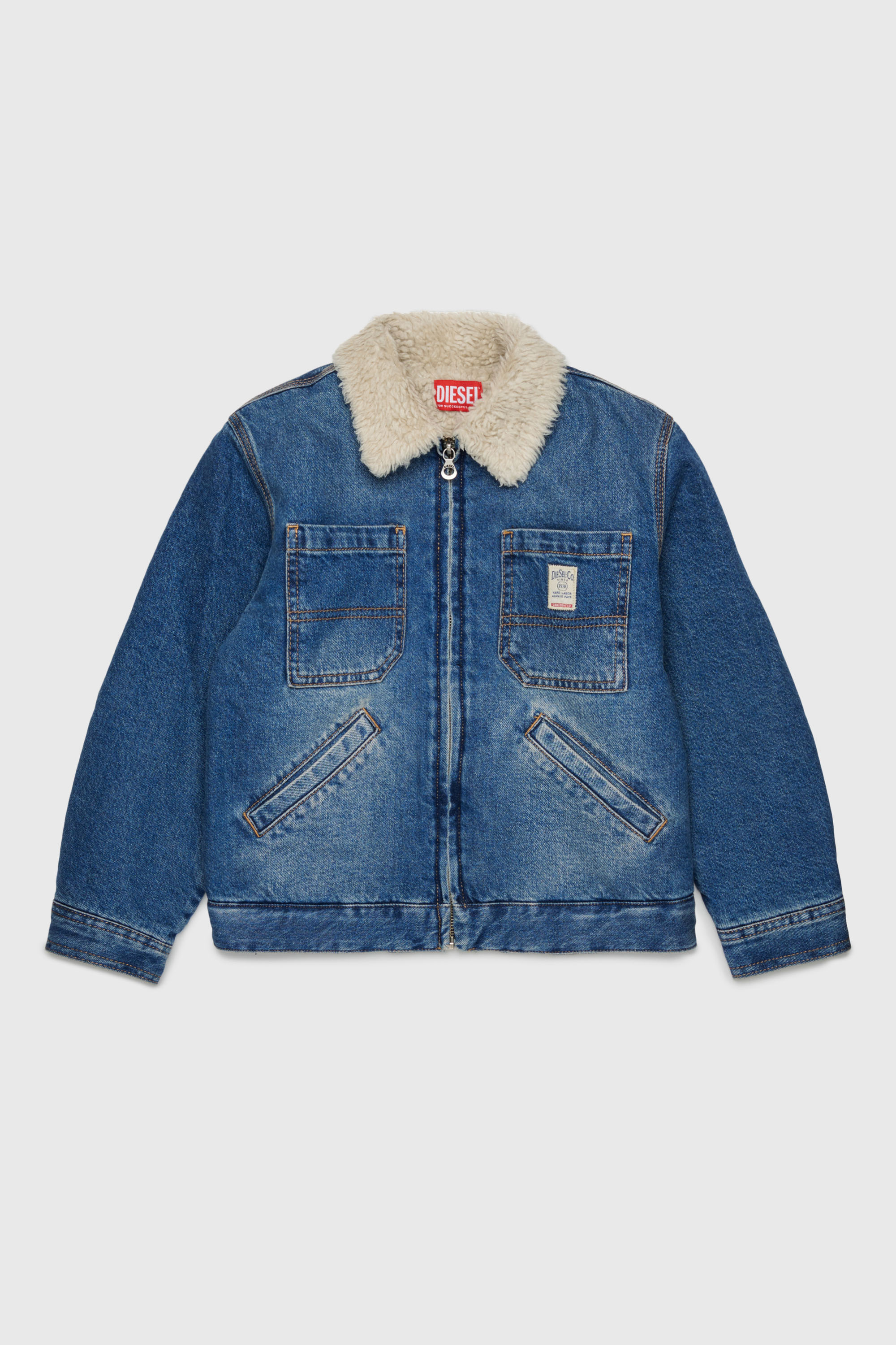 Diesel - JOMOX-FUR, Man's Denim jacket with teddy fleece collar in Medium blue - 1