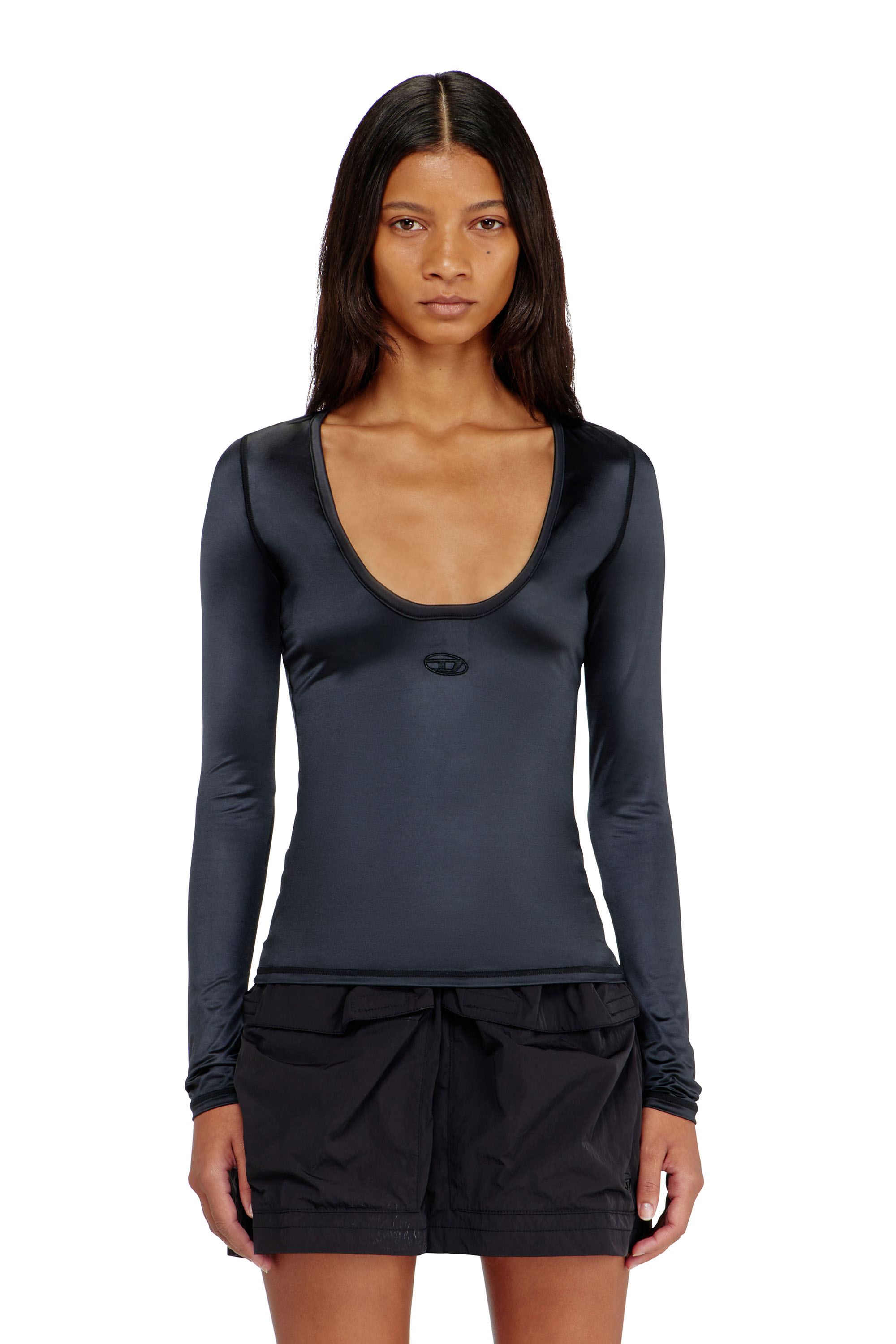 Diesel - T-ELPHIN-LS, Woman's Nylon slim top scoop neck with Logo Oval D embroidery in Black - 1