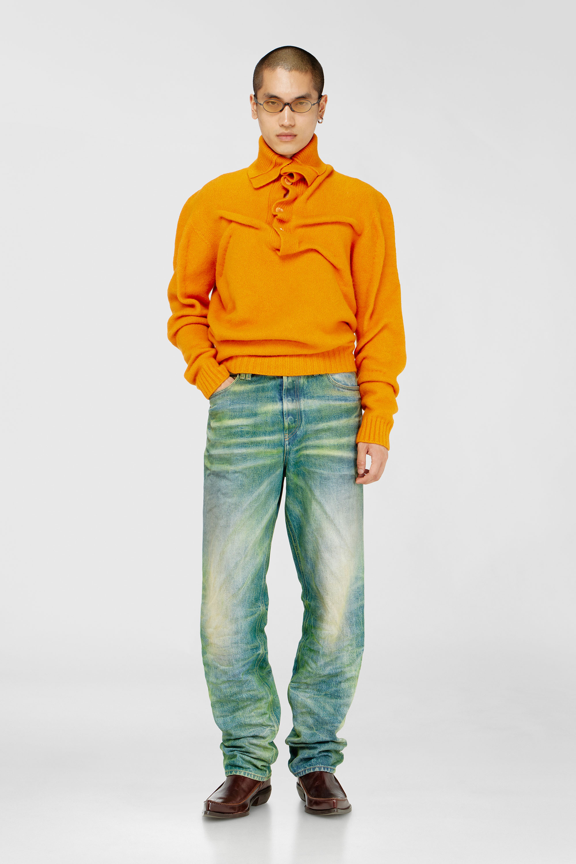 Diesel - K-ANDREW, Man's Button-neck jumper in wrinkled boiled knit in Orange - 2