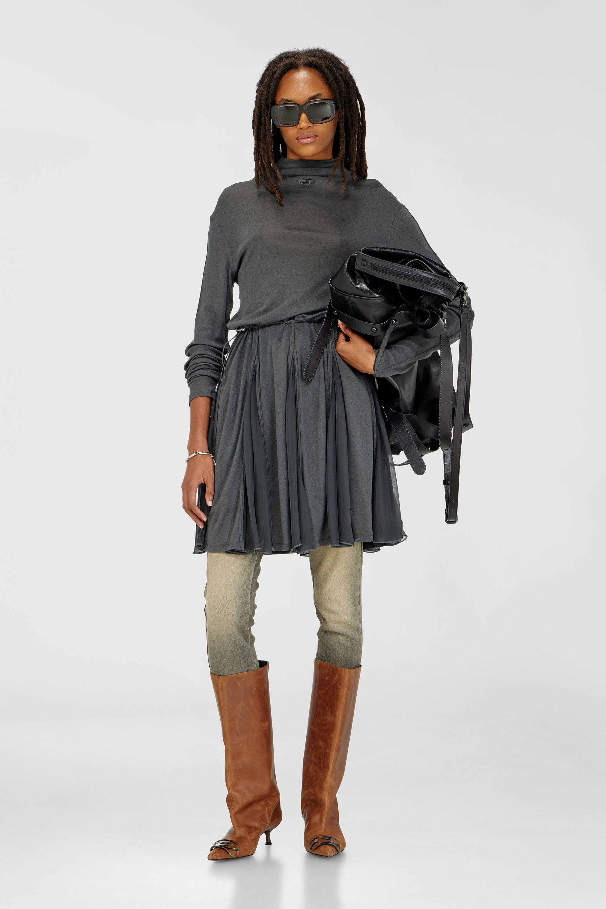 Turtleneck mini dress in jersey and chiffon