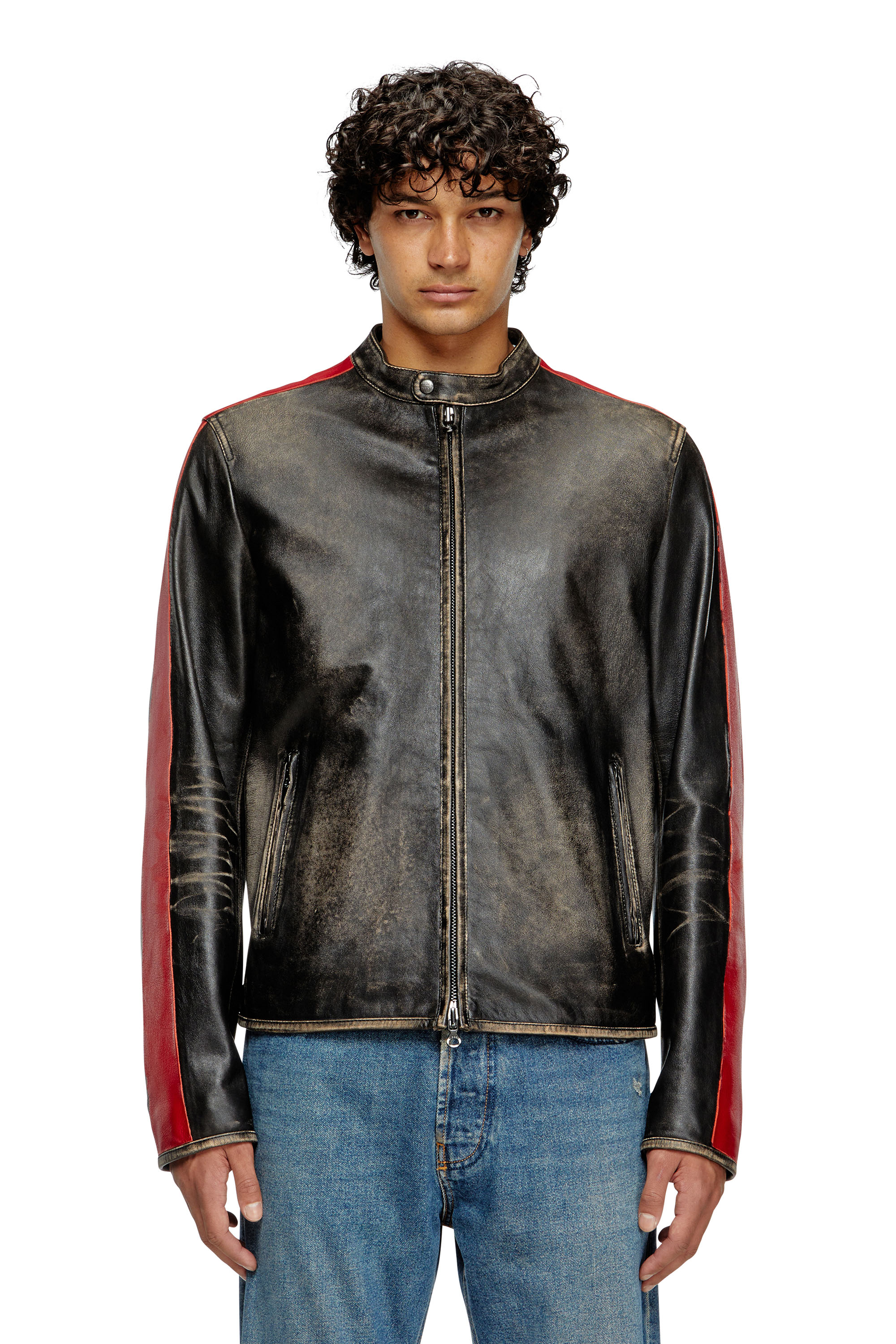Diesel - L-RENN, Man's Leather jacket with contrasting stripes in Black/Red - 1