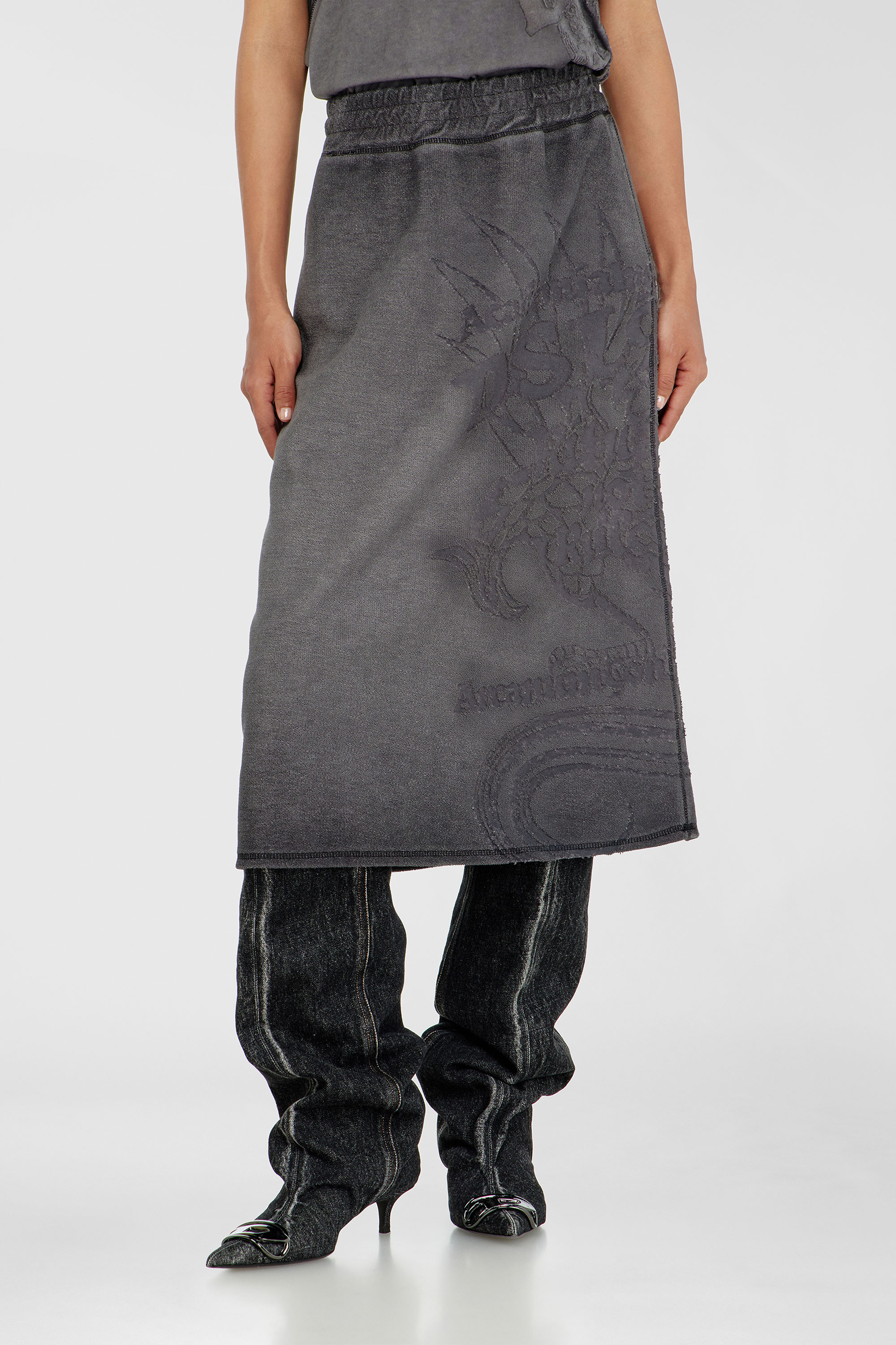 Diesel - O-BEAUTY, Woman's Fleece midi skirt with d&eacute;vor&eacute; print in Dark grey - 1