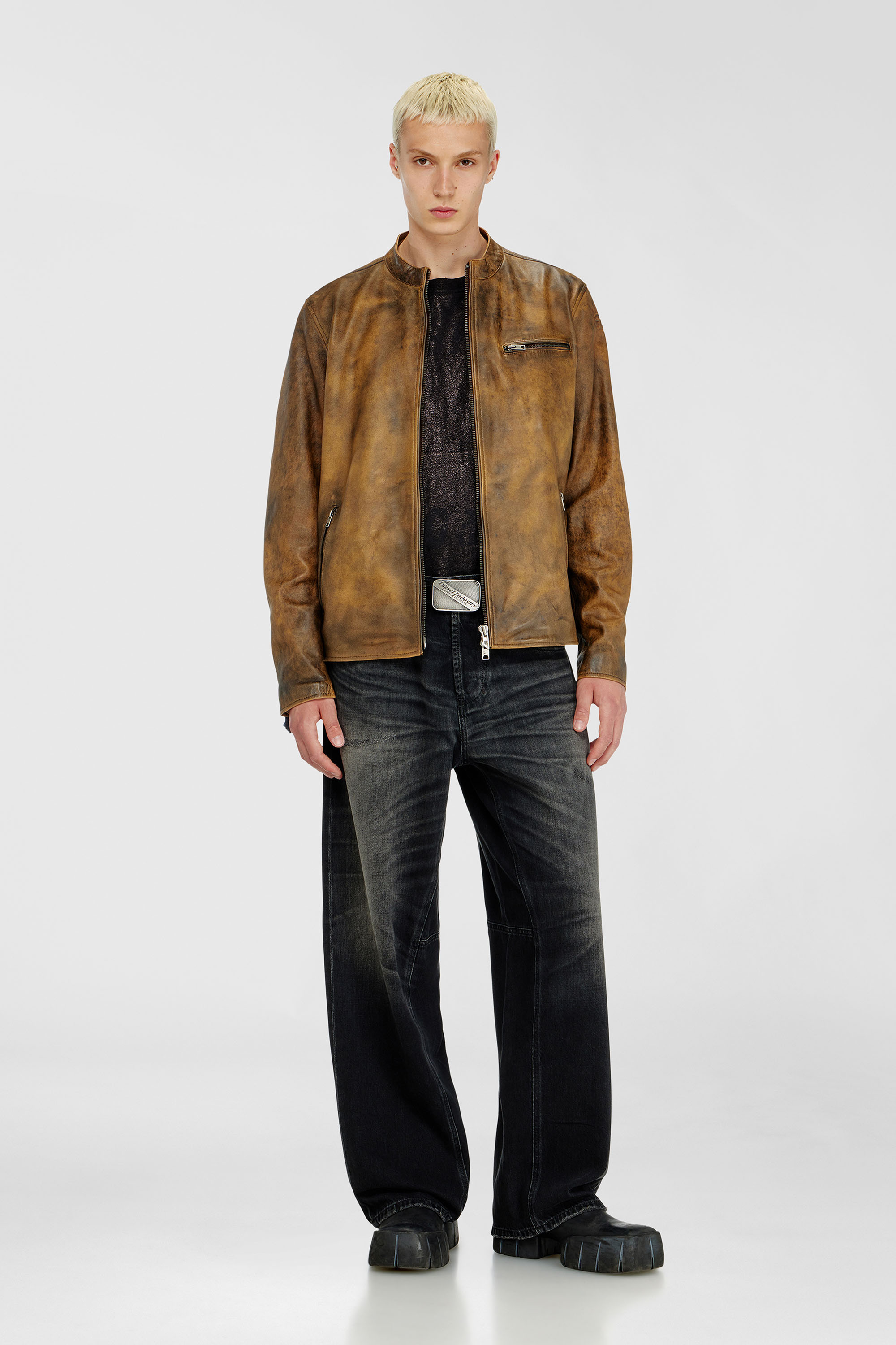 Diesel - L-ZAD-KNCZ, Man's Biker jacket in treated leather in Light Brown - 2