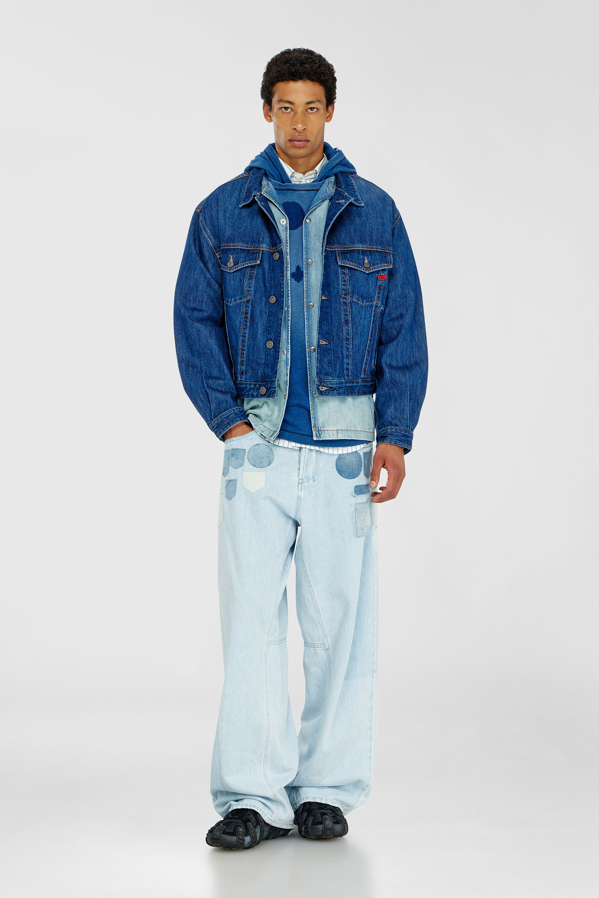 Diesel - T-NOX-LS-HOOD, Man's Hooded long-sleeve T-shirt with shadow-effect patches in Medium blue - 2