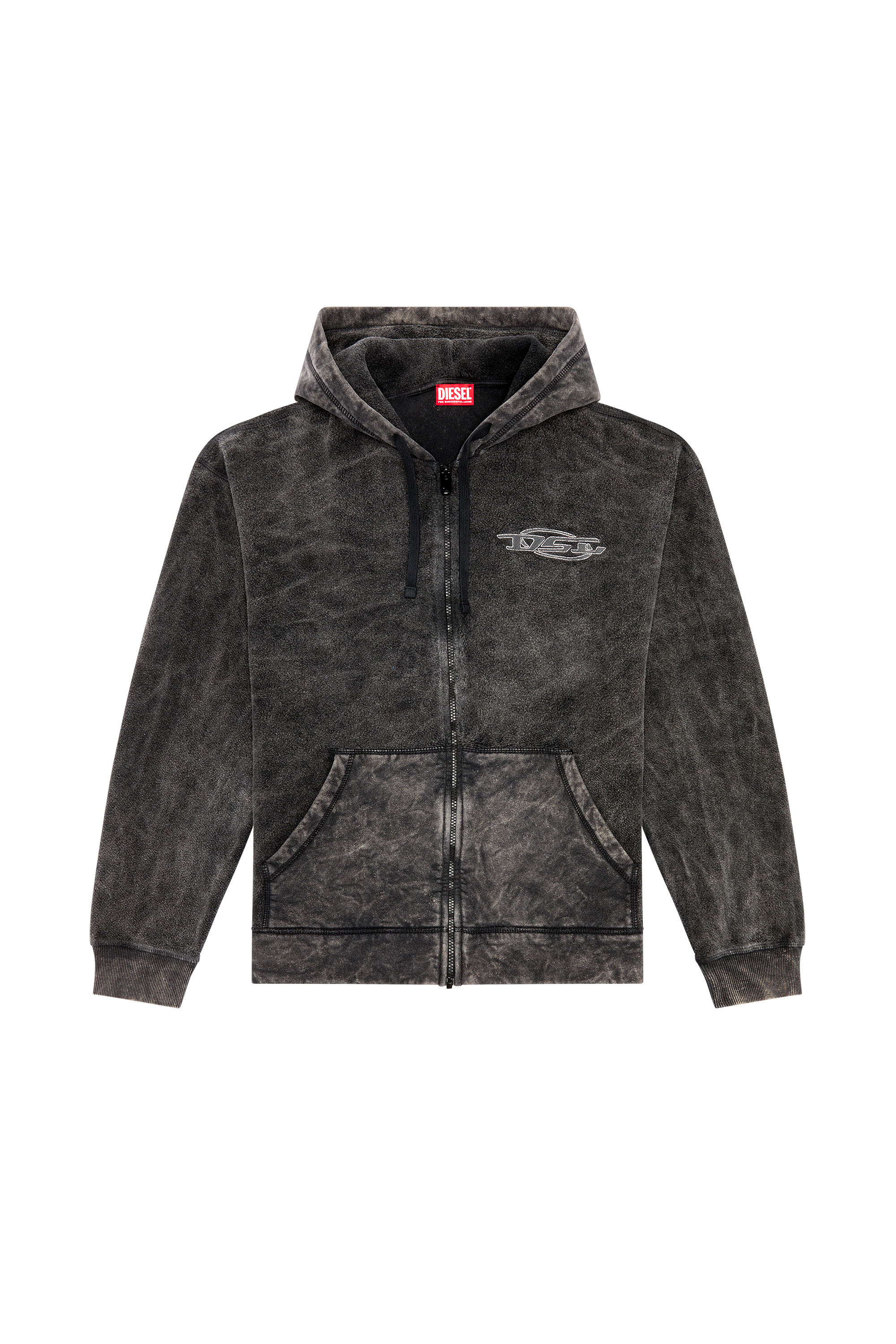 Men's Zip hoodie in marble-washed looped fleece | Black | Diesel