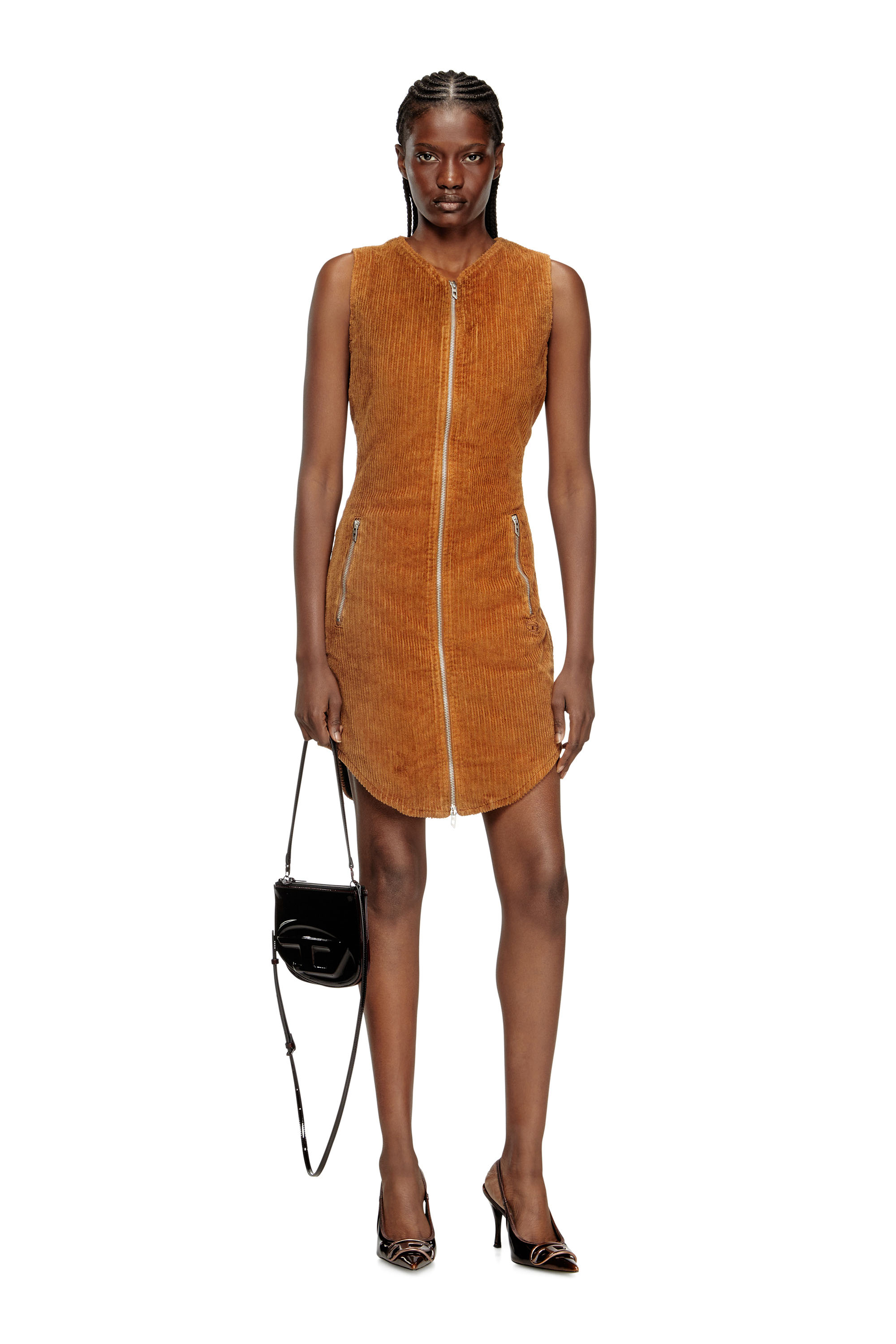Diesel - D-ENEA, Woman's Cotton mini dress with front zipper in Brown - 2