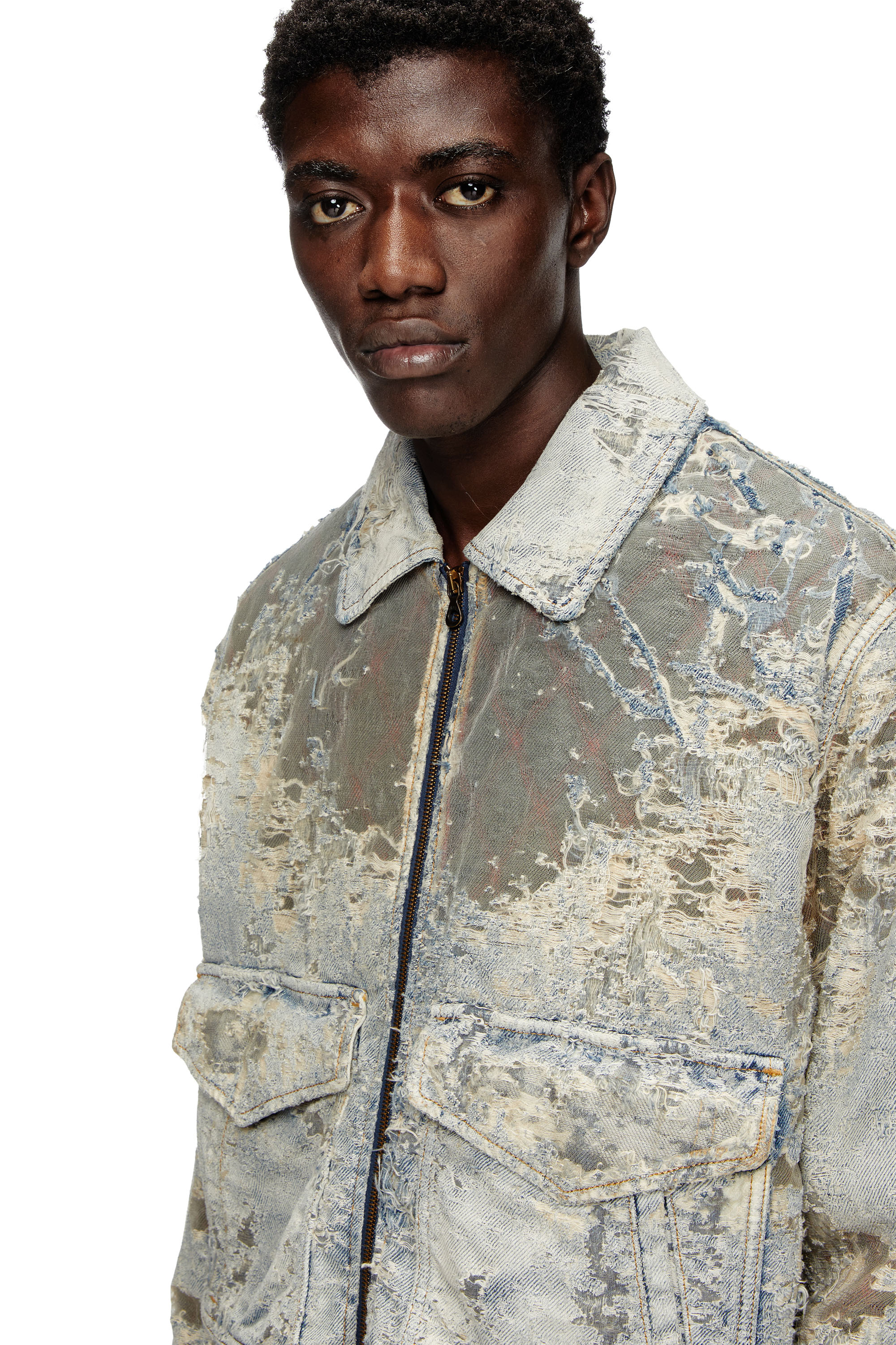 Diesel - D-MUDDY-FSF, Man's Aviator jacket in devoré denim in Light Blue - 5