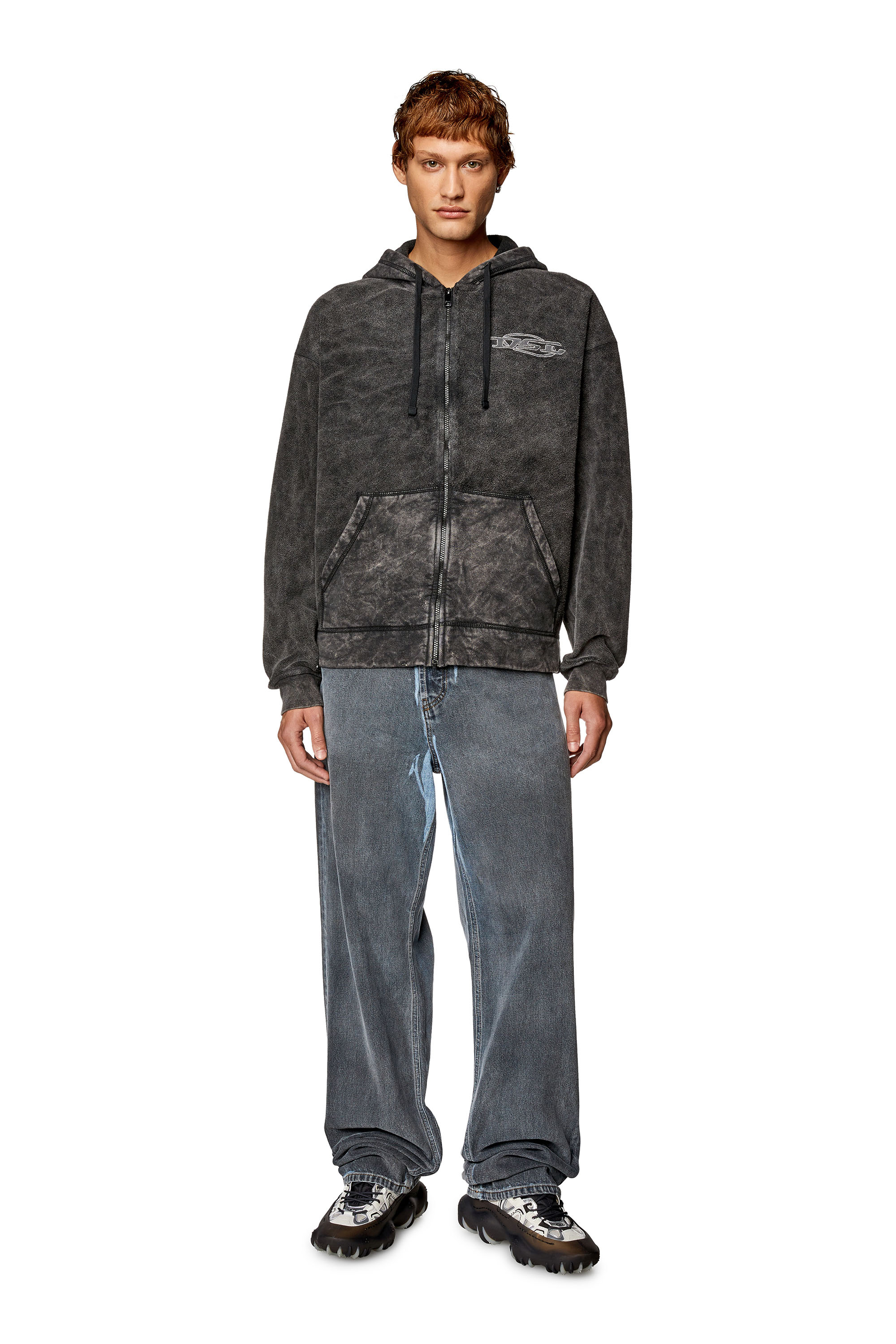 Diesel - S-ORS-HOOD-ZIP, Man's Zip hoodie in marble-washed looped fleece in Black - 1
